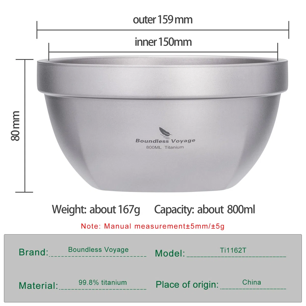 iBasingo 800 ml tytanowe miski na płatki owsiane żywność ryż zupa misa ultralekka przenośna zastawa outdoorowa kemping metalowa miska Ti1162T