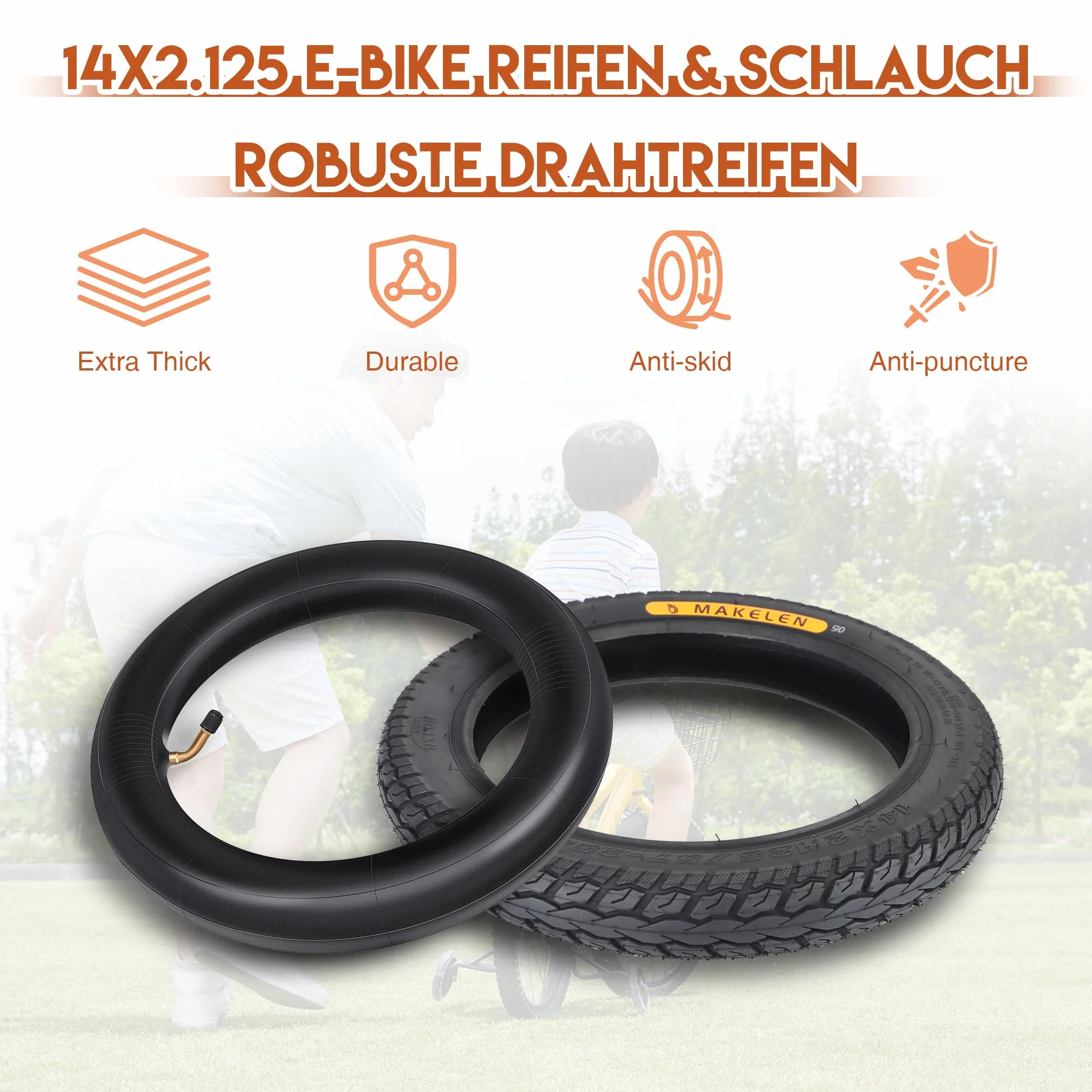 MEGHNA 2-pak 14 x 2.125 opona do roweru elektrycznego 14 cali opona 57-254 + 2-pak dętka 14 x 1,75/2.125 AV32 mm + 2 łyżki do opon E-Bicycle Tire