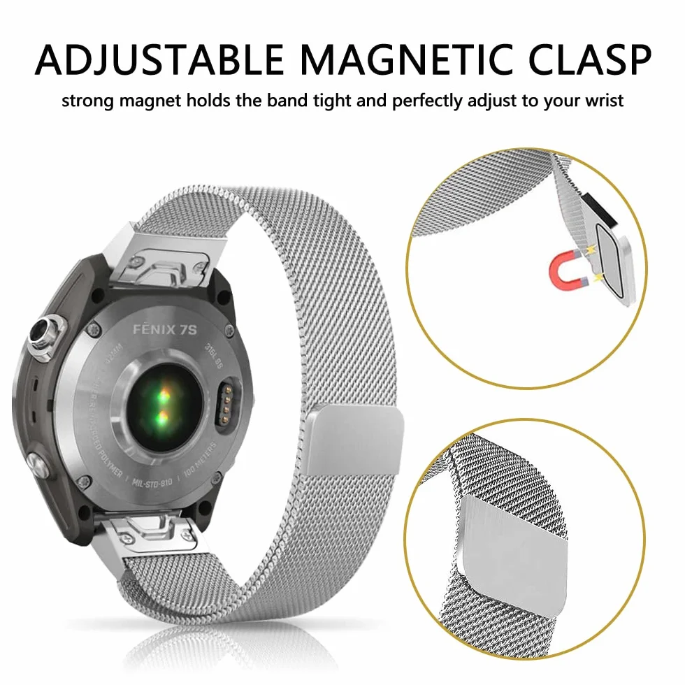 Pasek do zegarka Garmin Fenix 8 43 mm, Fenix 7S Pro Solar, Epix Pro 42 mm, stal nierdzewna, metalowy pasek siateczka