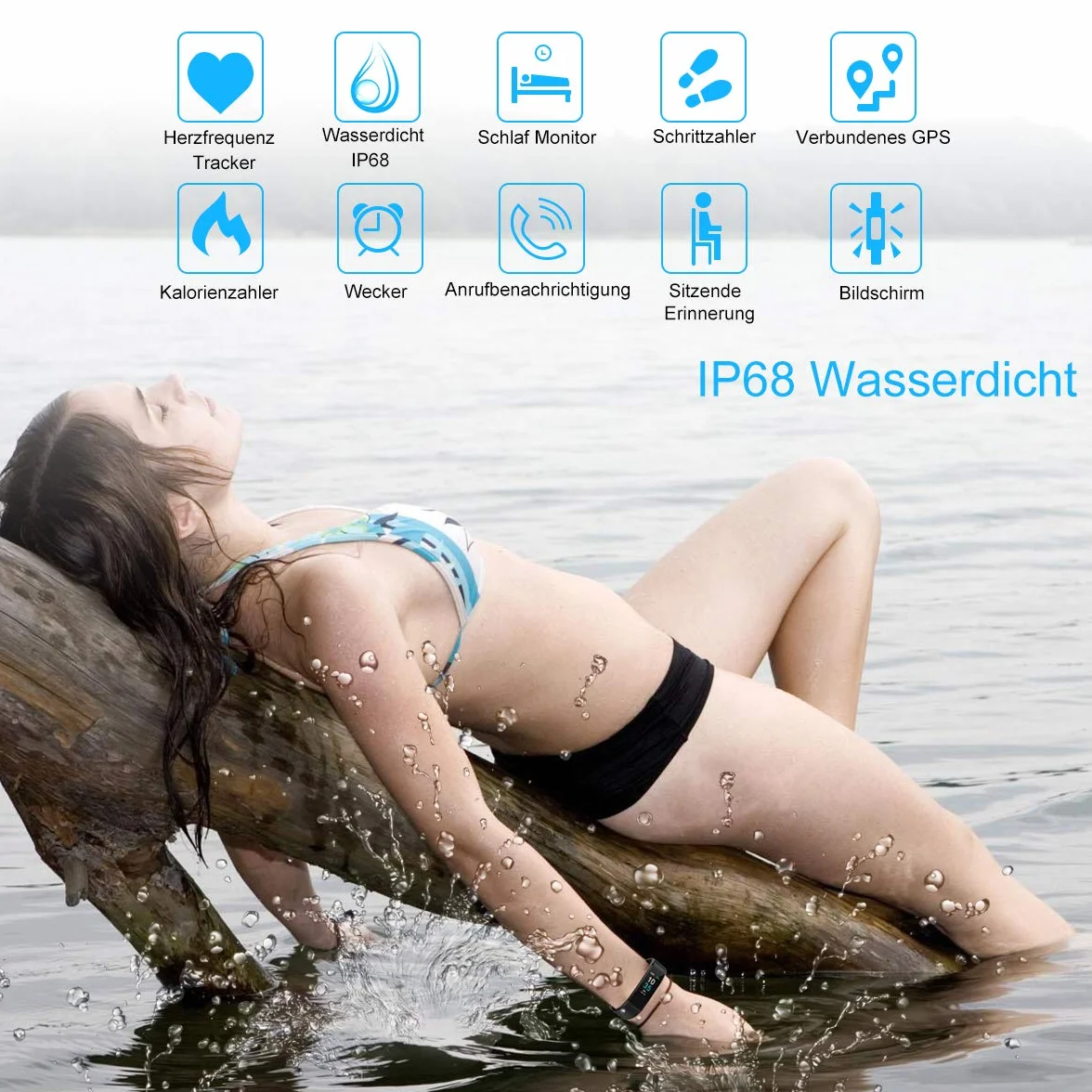 LEBEXY Bransoletka fitness, wodoszczelna IP68, zegarek fitness, smartwatch, krokomierz, monitor aktywności, licznik kalorii, zegarek sportowy