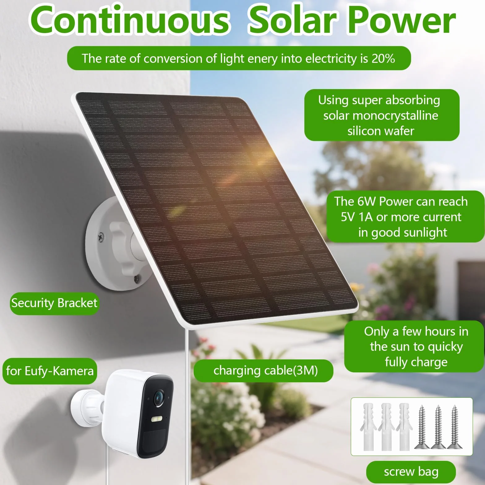 GuKKK panel słoneczny 6W IP65 do kamer Eufy euf-Cam 2C/2C Pro 2/2Pro E20/E40