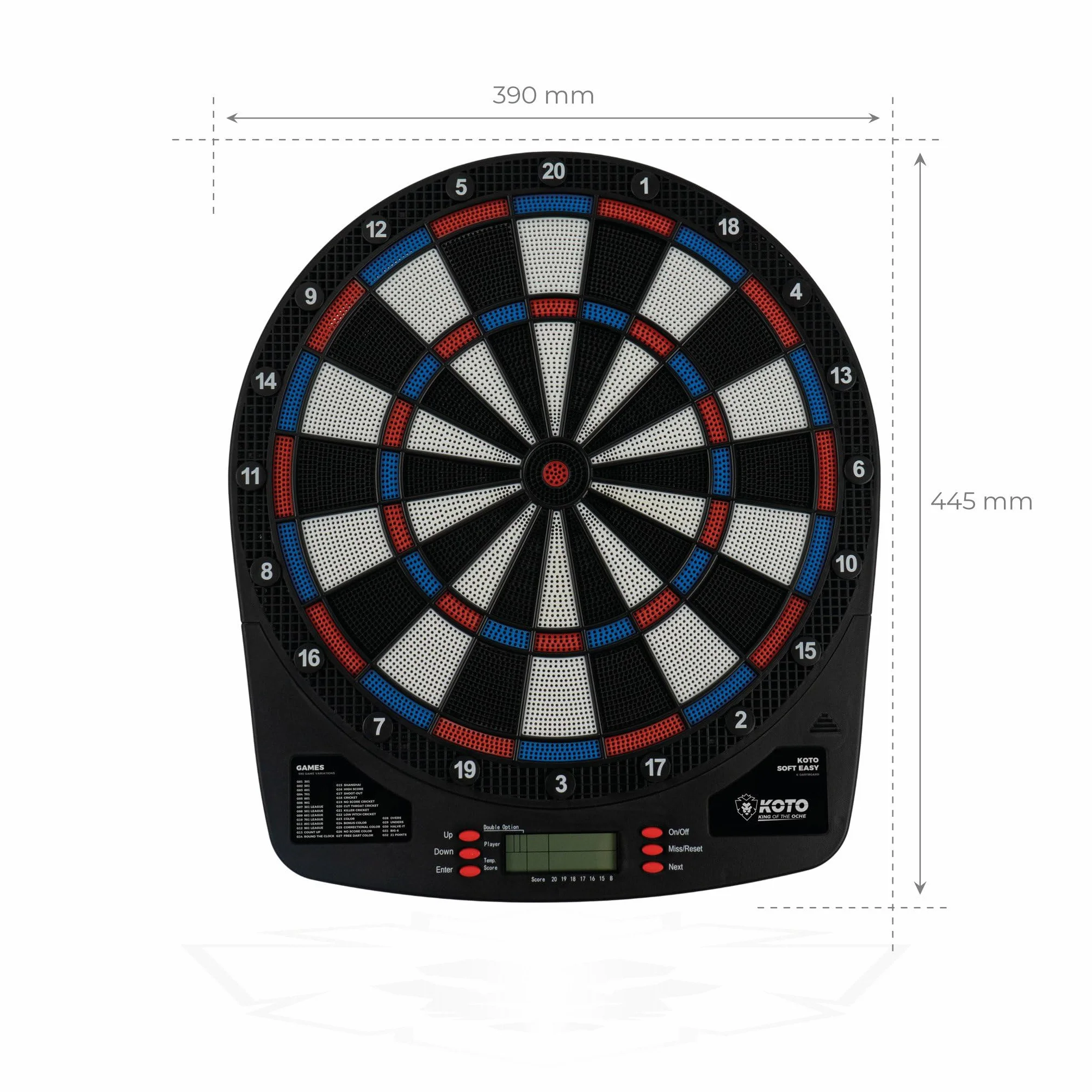 KOTO – Elektroniczna Tarcza Dart Soft Easy (39x2x44,5 cm), 6 Soft Dart, 32 Gry, Ponad 590 Wariantów, Kompaktowa i Nowoczesna