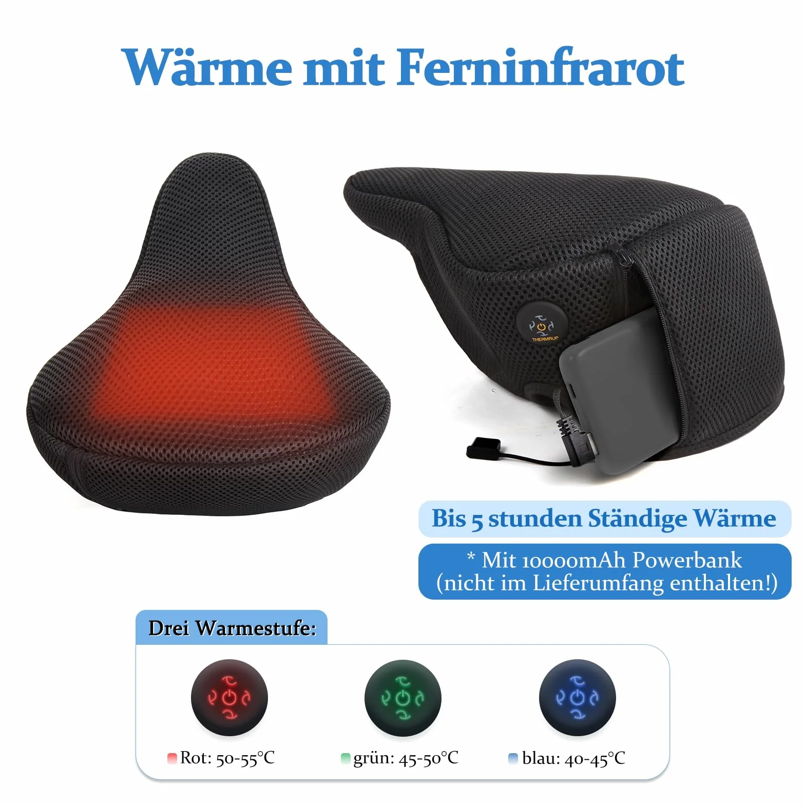 Thermrup Podgrzewany pokrowiec na siodełko rowerowe USB z torbą Power Bank i osłoną przeciwdeszczową