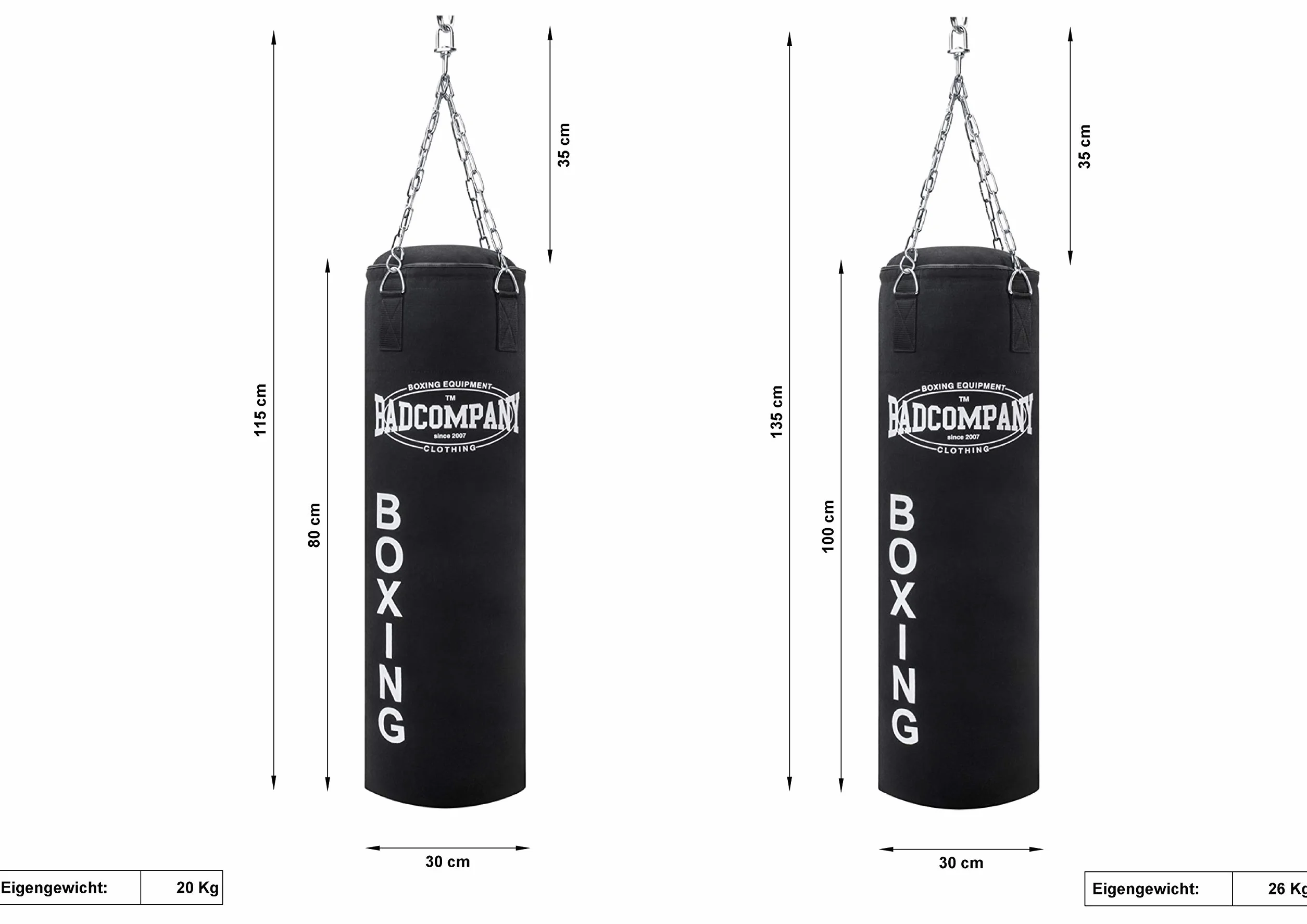 Bad Company Worek bokserski z łańcuchem stalowym Heavy Duty I Canvas Punching Bag, wypełniony/niewypełniony I 80 x 30 cm I 100 x 30 cm