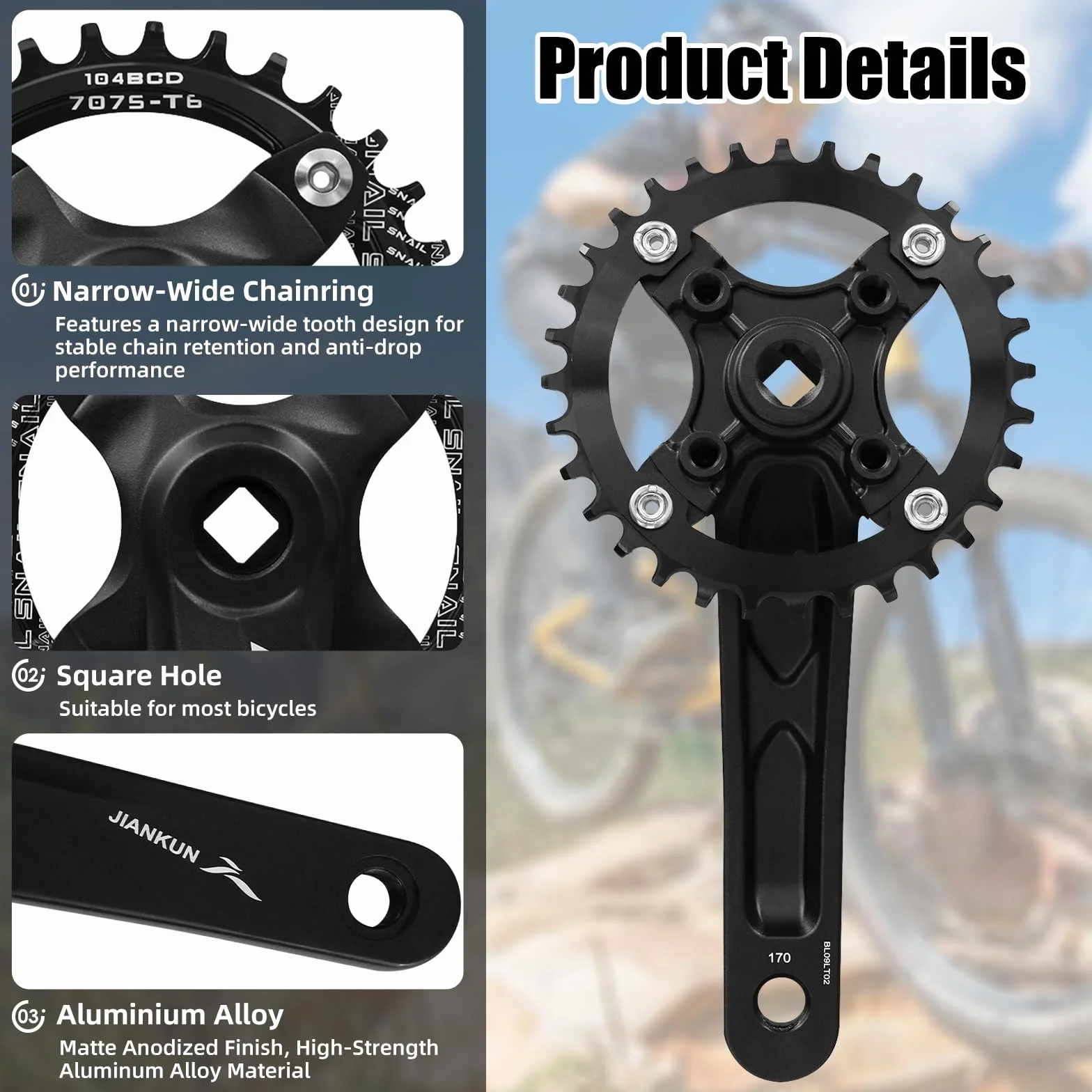Rower górski 170 mm kwadratowy zestaw korbowy z 104 BCD 32/34/36/38T, okrągła tarcza i korba MTB ze stopu aluminium, pasuje do Shimano, SRAM, FSA