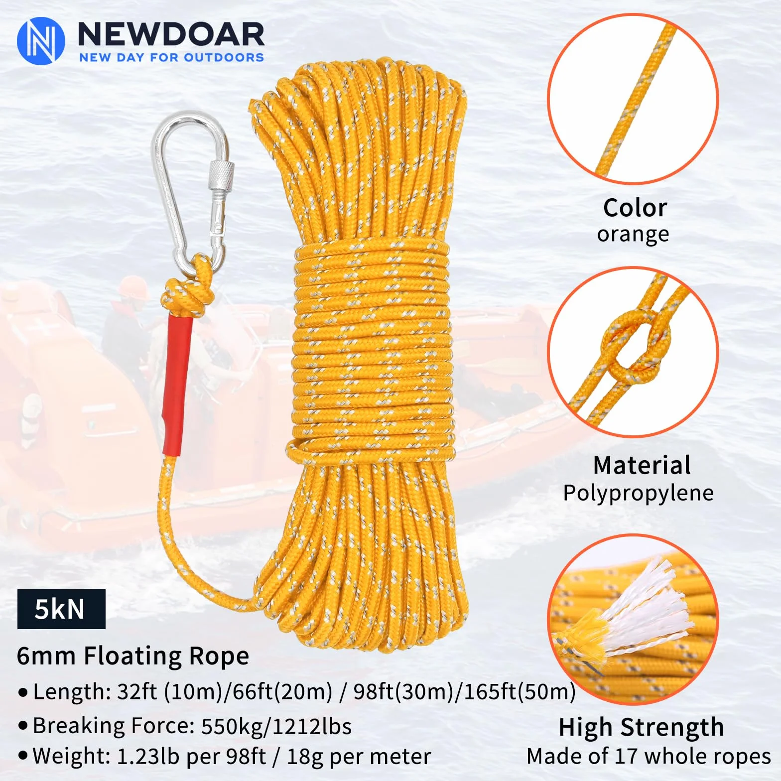 NewDoar linka do pływania pleciona odblaskowa 550 kg 6 mm 10 m 20 m 30 m 50 m