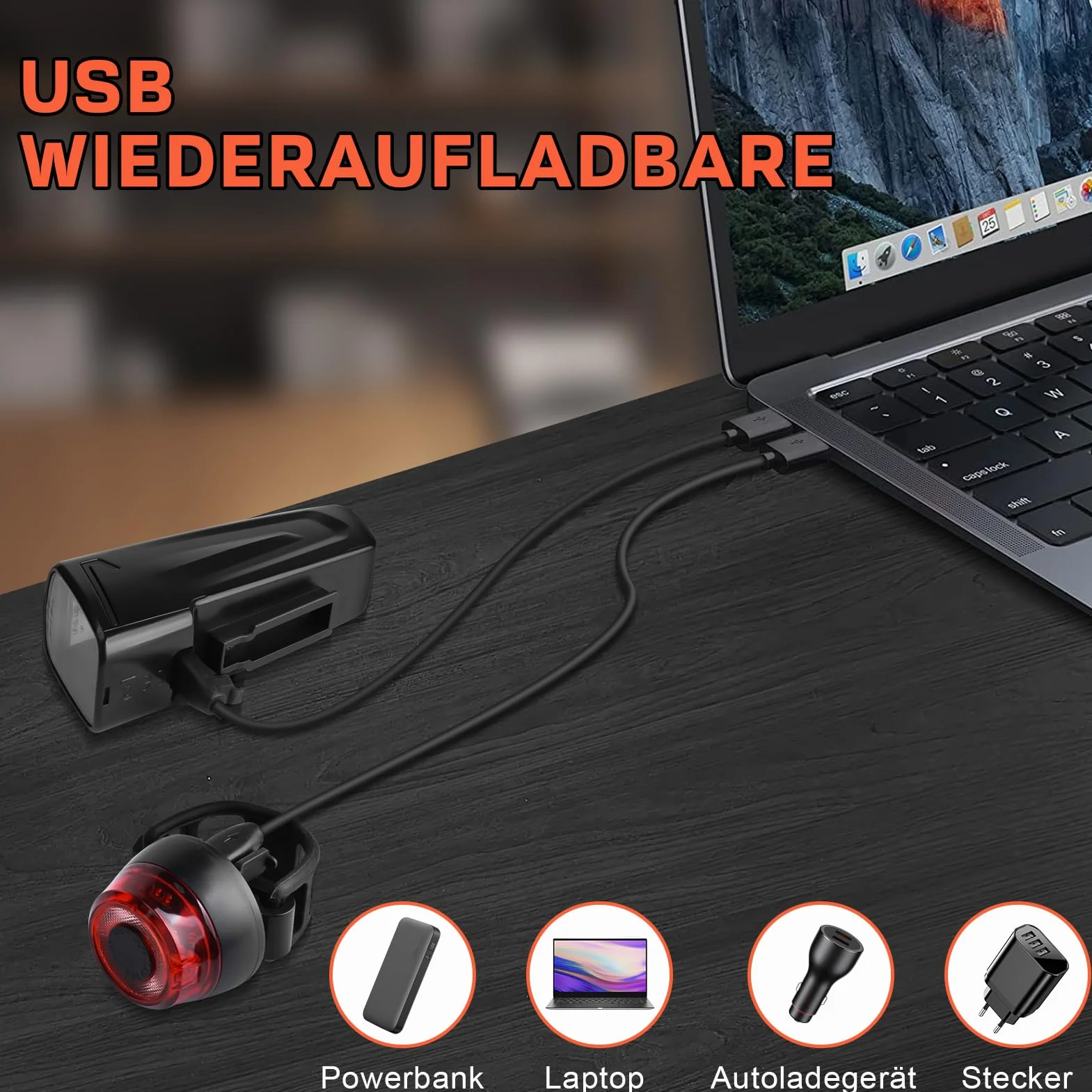 LED Fahrrad Lampe Set Frontlicht Rücklicht USB-C Aufladbar IPX5 Wasserdicht 60/35 LUX