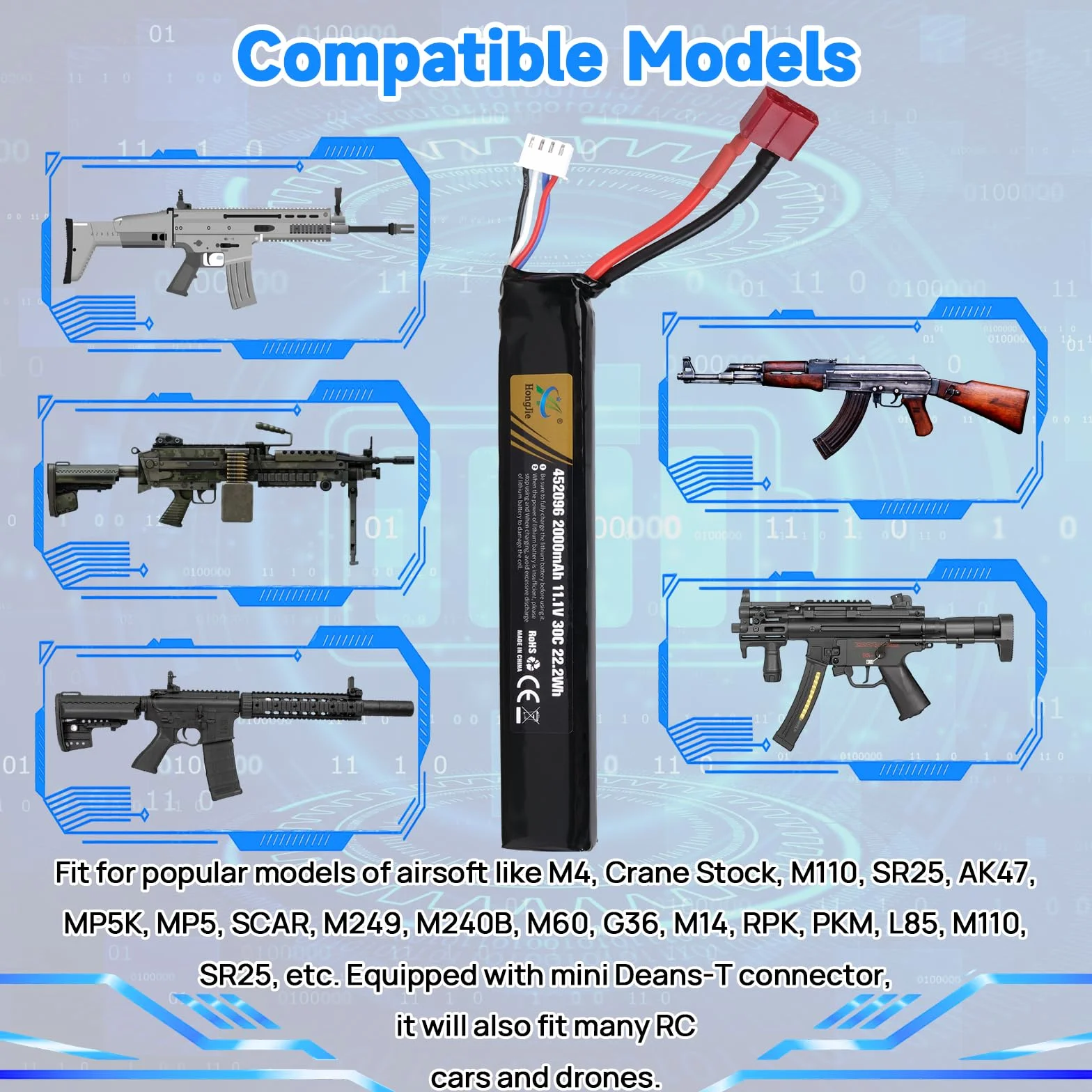 11,1 V 2000 mAh 30C 3S LiPo Akumulator z wtyczką Deans-T do karabinów Airsoft M4, M110, AK47, L85, MP5, Scar, M249, AUG, AEG, MP5K, M60, RPK, PKM