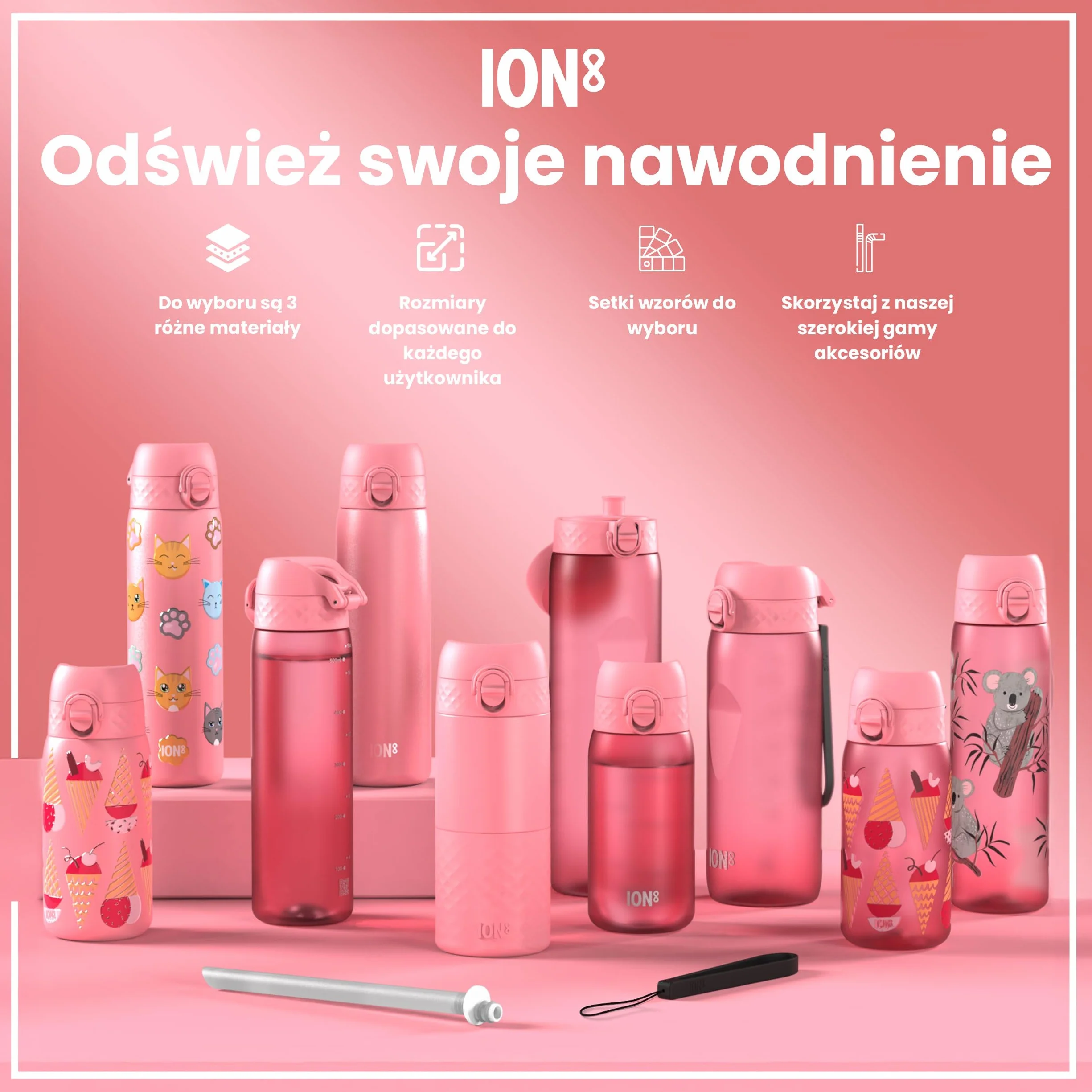 ION8 Termoizolowana Butelka na Wodę ze Stali Nierdzewnej 500 ml, Szczelna, Łatwa w Otwieraniu, Różowe Tęczowe Jednorożce