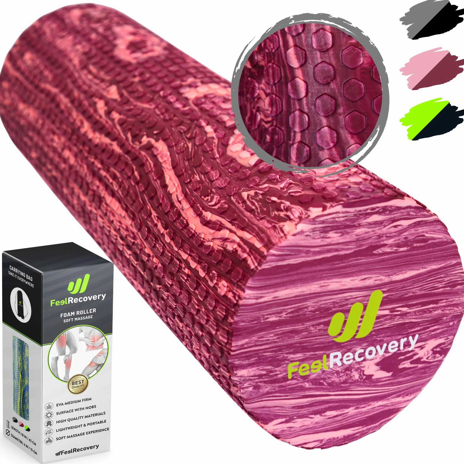 Wałek do Masażu Powięzi (45x15 cm) - EVA Wałek Piankowy Rehabilitacji na Ból Pleców, Nóg i Łydek - Foam Roller na Joga, Pilates, Sport i Fitness (Różowy)