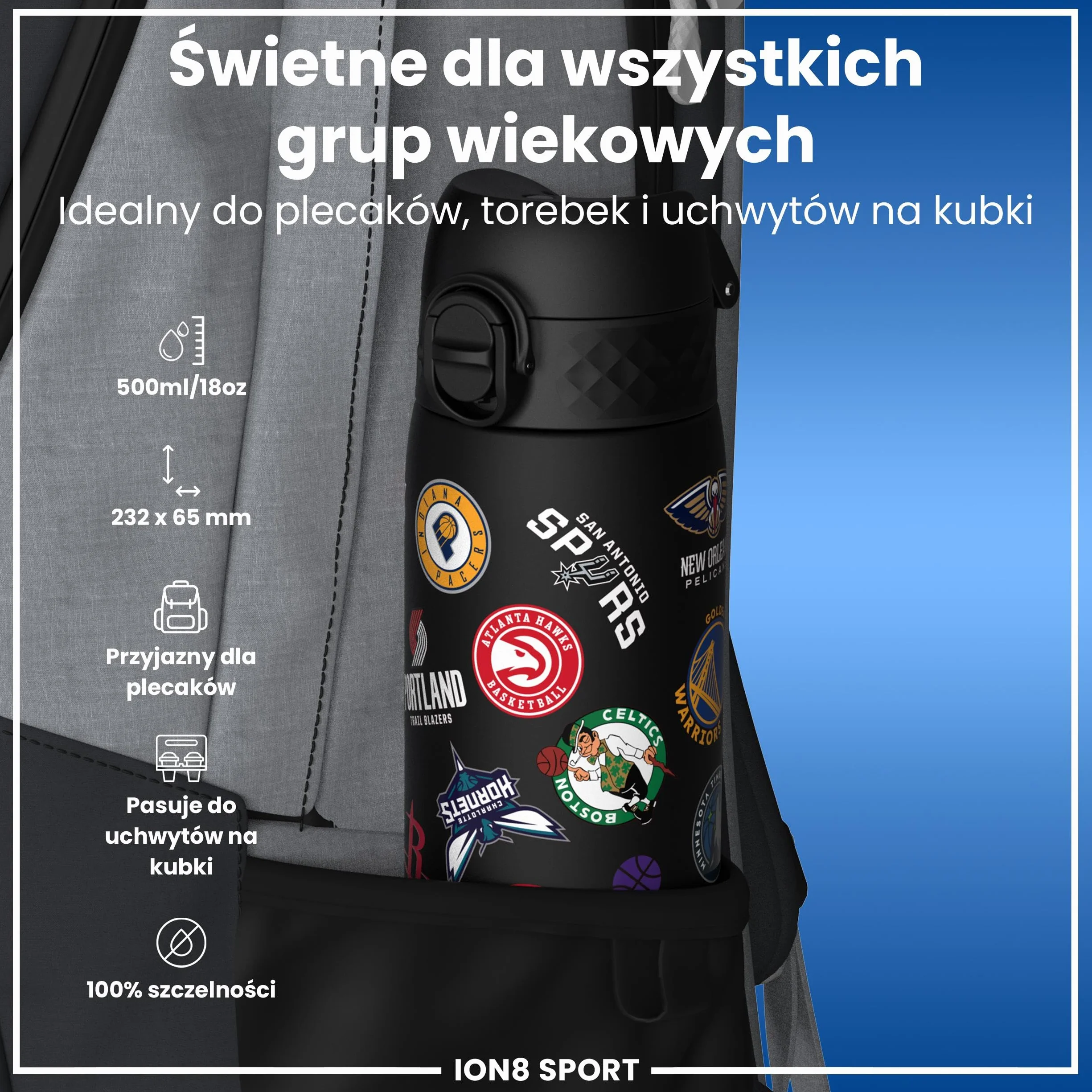 NBA Wiele Zespołów Butelka na Wodę, 500 ml/18 oz, Szczelna, Łatwe Otwieranie, Bezpieczny Zamek, Można Myć w Zmywarce, Bez BPA, Higieniczne Pokrycie, Uchwyt do Przenoszenia, Łatwa Czyszczenie