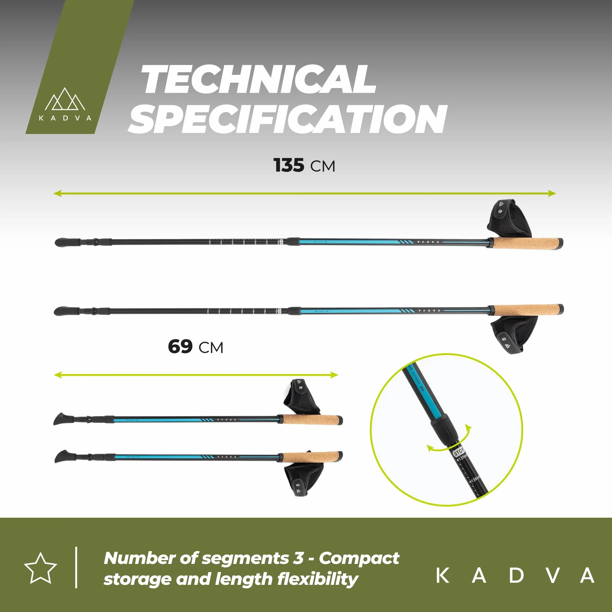 KADVA Kije Nordic Walking Luna niebieskie, regulowany rozmiar 69-135 cm, system zamykania obrotowego dla bezpiecznej i łatwej zmiany długości, uchwyt z wytrzymałego polipropylenu (PP) i korka