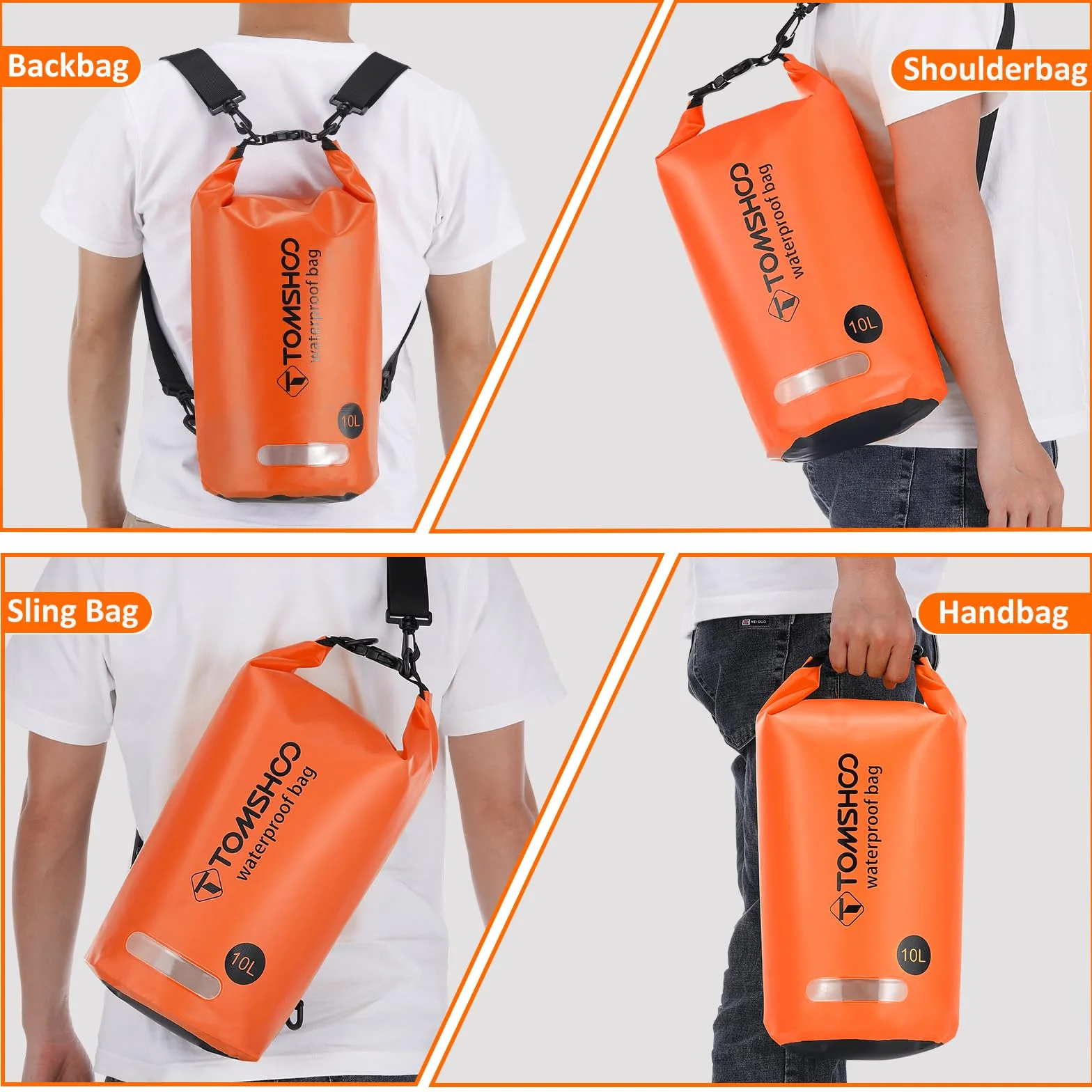 TOMSHOO Dry Bag Set, Wodoodporny Plecak 10L/20L z Wodoodpornym Pokrowcem i Kieszeń na Telefon Komórkowy, Regulowany Pasek na Ramię, Wodoodporny Plecak na Spływy Kajakowe, 10L, Pomarańczowy
