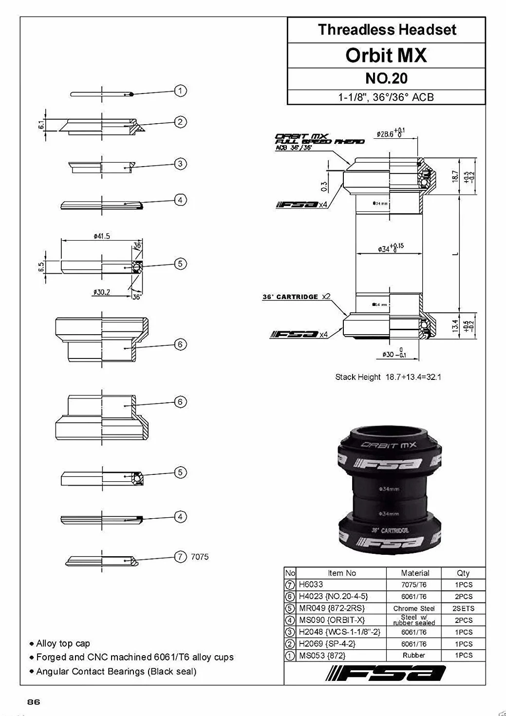 FSA Orbit MX 1-1/8" zestaw słuchawkowy MTB bez gwintu z górną czapką, czarny, XTE1504