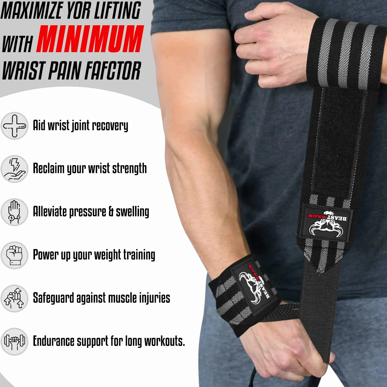 BEAST RAGE Opaski na nadgarstki do podnoszenia ciężarów, trening siłowy mięśni, trening fitness, rozciągliwy bawełniany pasek na kciuk (UX3, BLACK/GREY)