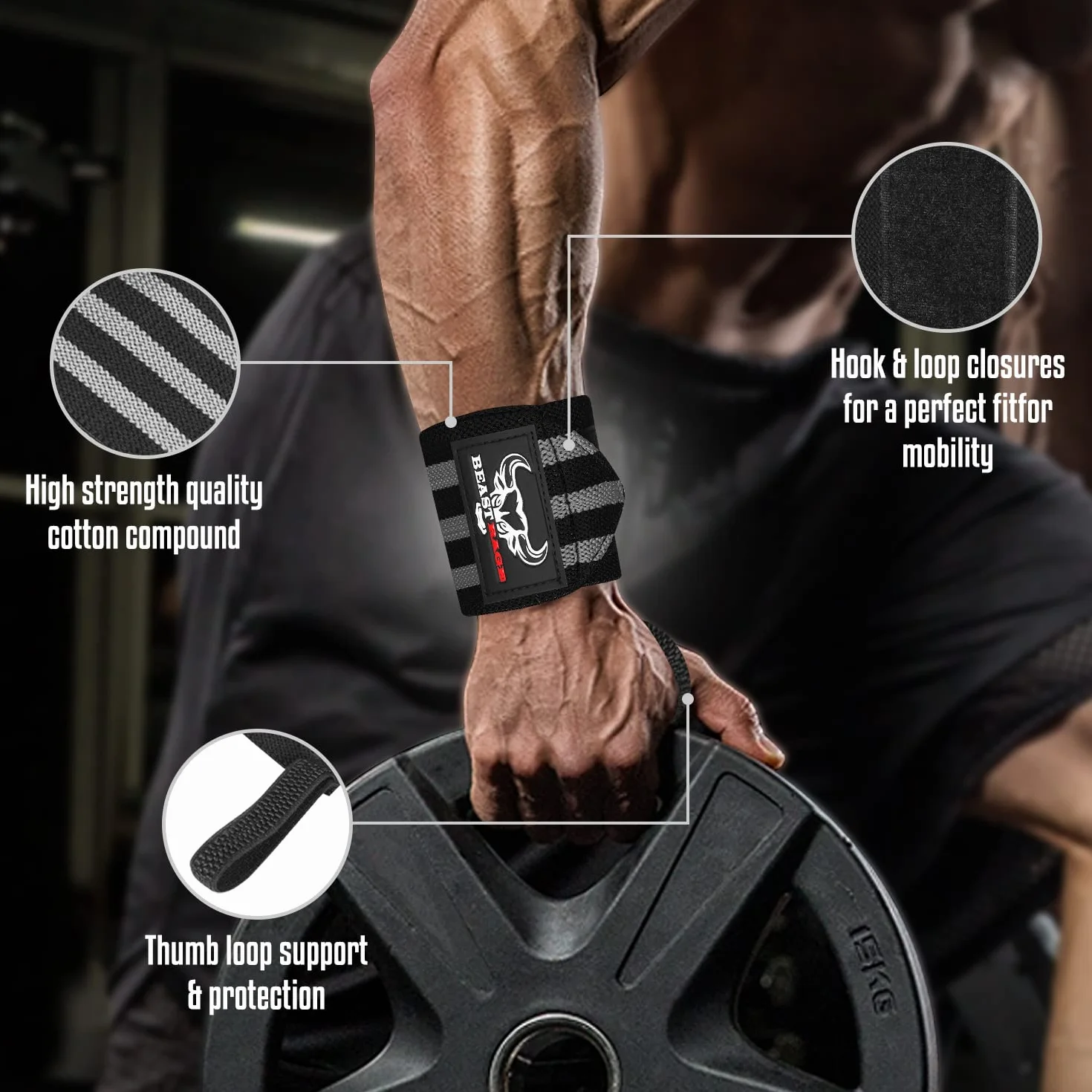 BEAST RAGE Opaski na nadgarstki do podnoszenia ciężarów, trening siłowy mięśni, trening fitness, rozciągliwy bawełniany pasek na kciuk (UX3, BLACK/GREY)
