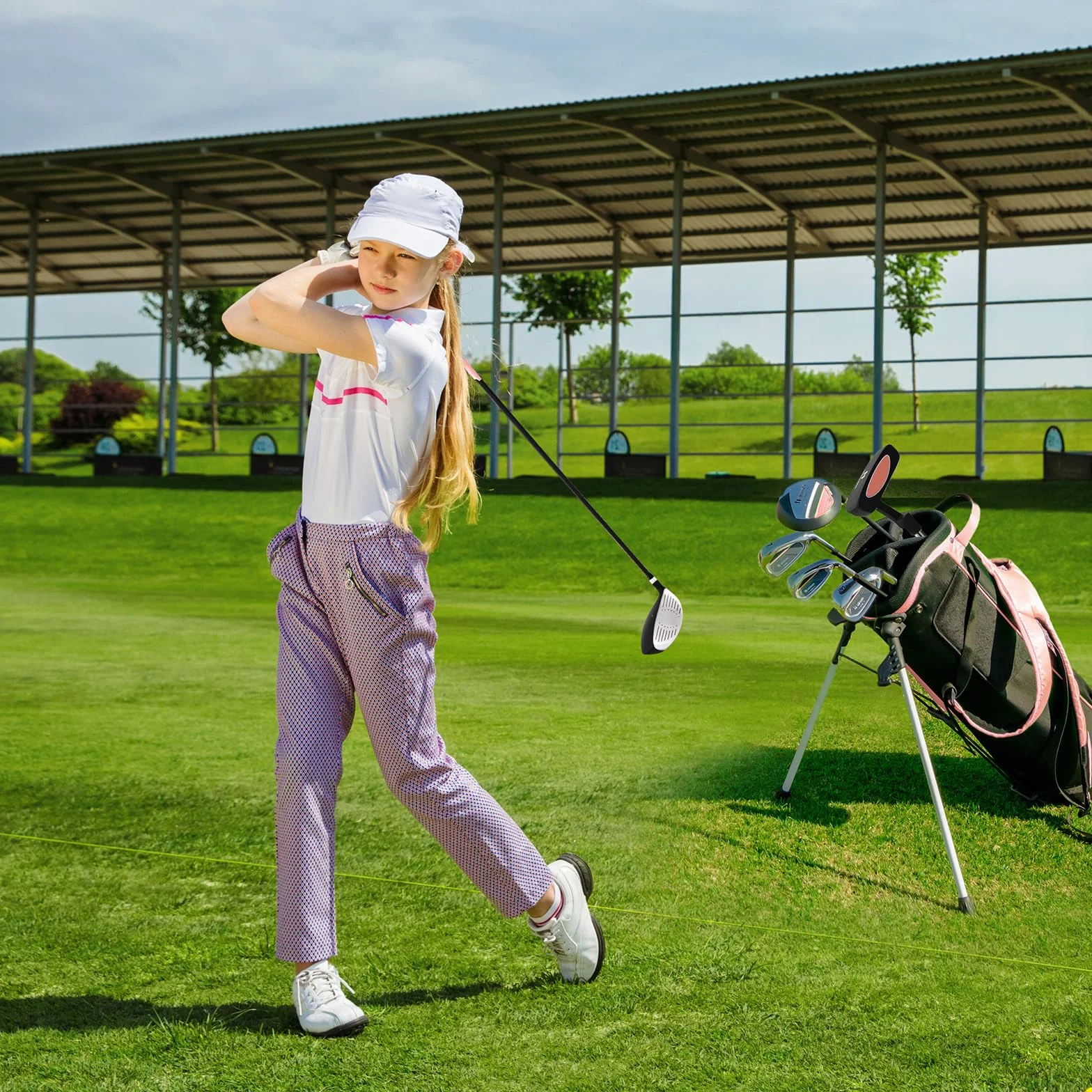 COSTWAY 6-częściowy zestaw kijów golfowych dla dzieci, zestaw kijów golfowych z torbą golfową i osłoną przeciwdeszczową, kompletny zestaw golfowy z żelazkiem 7/9/S, 1 Driver, 4 Hybrid i putter dla
