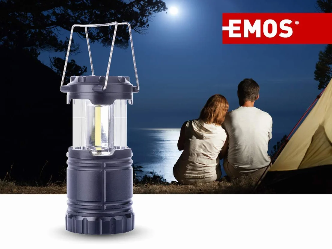 EMOS Latarnia kempingowa LED, przenośna lampa kempingowa z hakiem i magnesem, 300 lumenów, czas świecenia 38 godzin, P4006, czarna