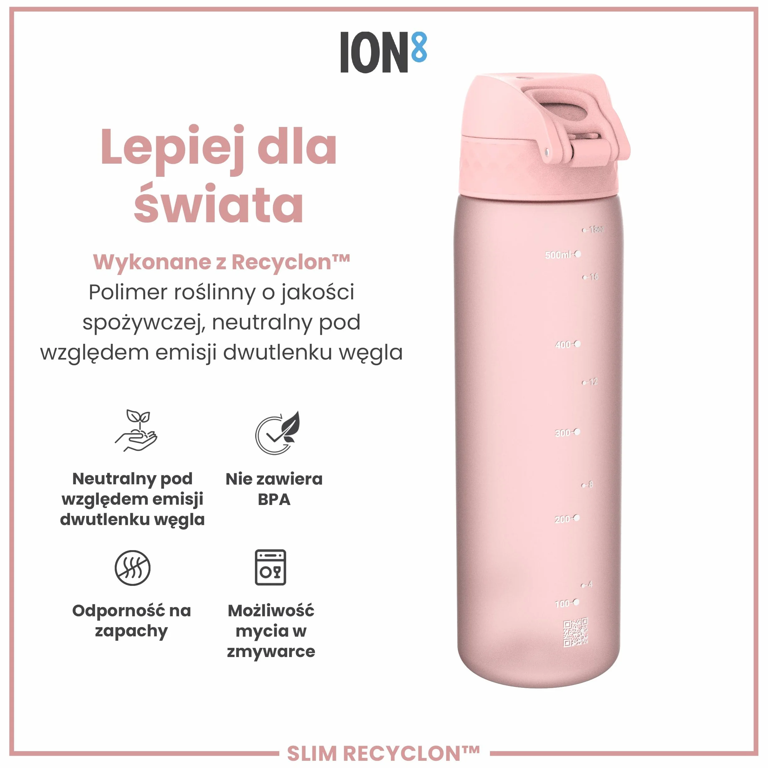 ION8 Butelka na Wodę, 500 ml/18 oz, Szczelna, Łatwe Otwieranie, Bezpieczny Zamek, Można Myć w Zmywarce, Bez BPA, Higieniczne Pokrycie, Uchwyt do Przenoszenia, Łatwa Czyszczenie, Bezwonny, Jasny Róż