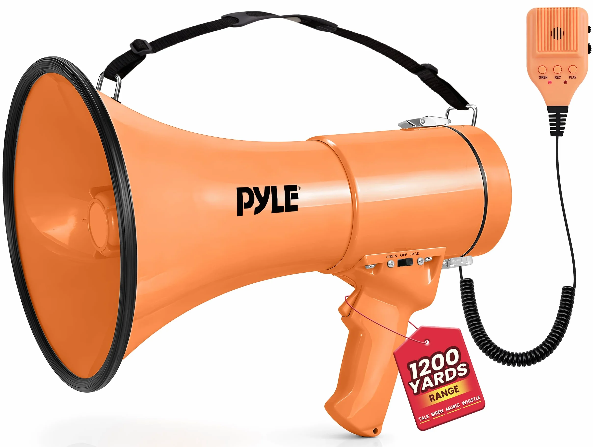 Pyle 50W Megaphone Bullhorn Portable with Siren, Adjustable Volume, 1200 Sq Yd Range, Aux Input, Orange