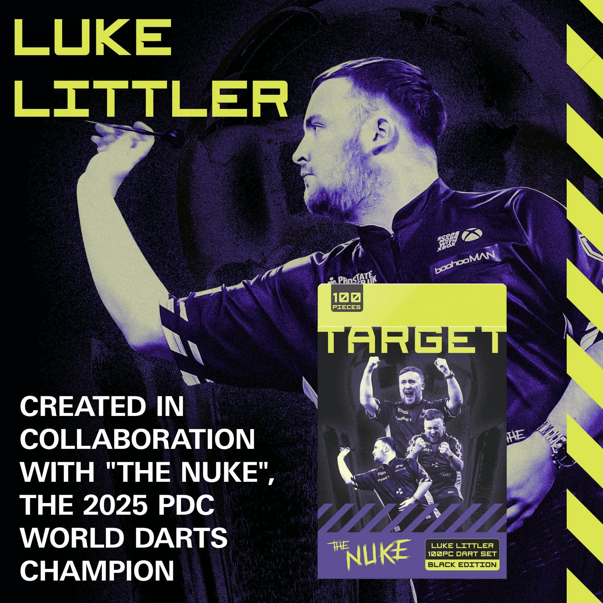 Target Darts Luke Littler mosiężny zestaw rzutek ze stałymi stalowymi końcówkami 22 G Pro Grip Shafts No.2 Pro Ultra lotki