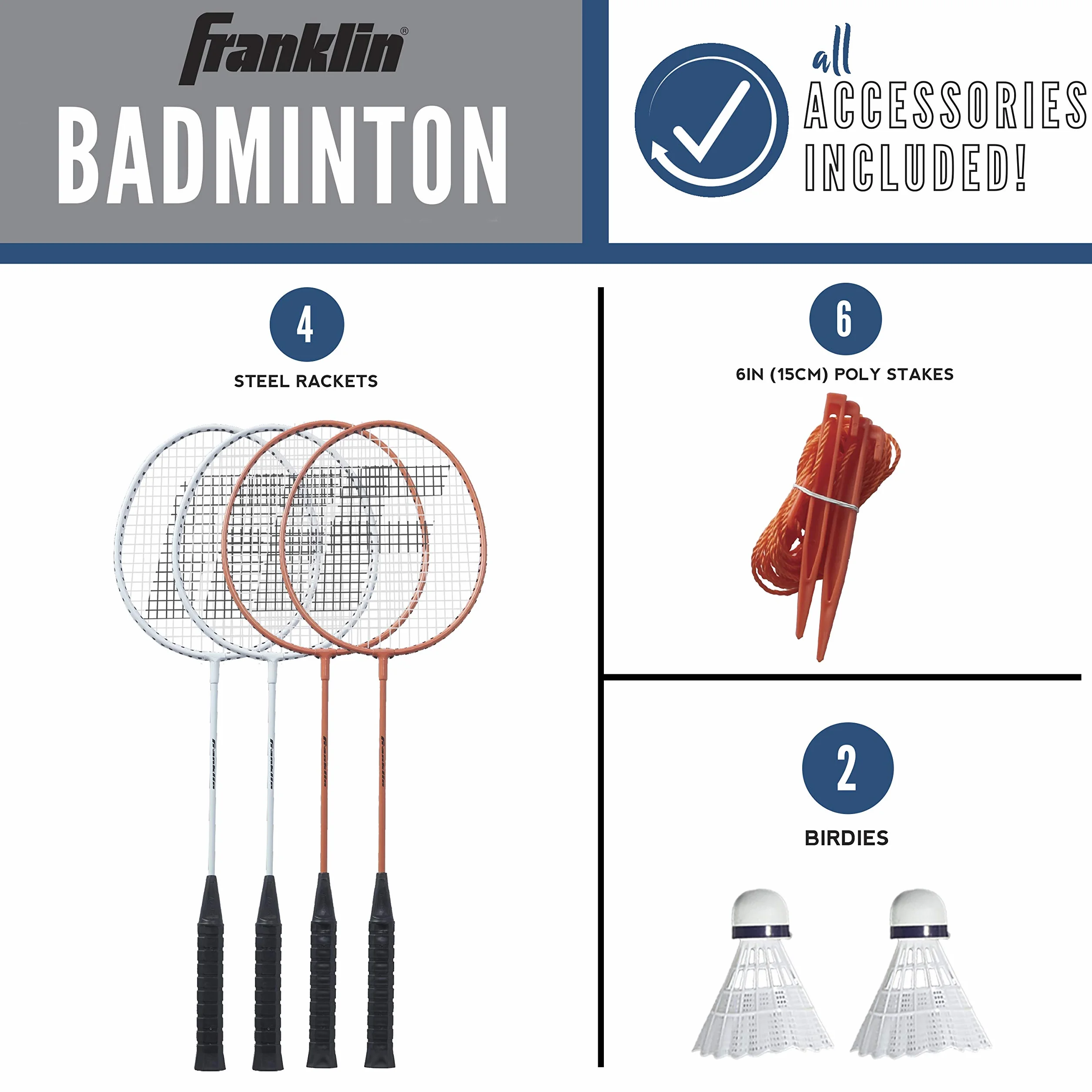 Franklin Sports zestawy siatek do badmintona – na zewnątrz podwórko + siatka do badmintona + zestaw sprzętu – (4) rakiety + (2) ptaki + przenośna siatka w zestawie – zestaw dla dorosłych i dzieci