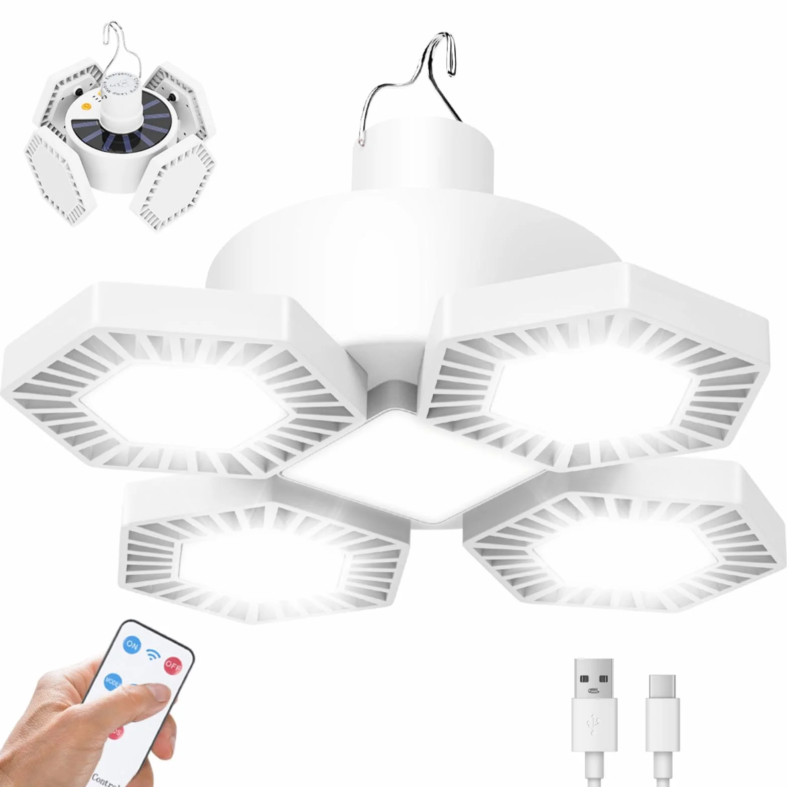169 Lampa kempingowa LED, Solar Camping Licht Outdoor, USB Zelt Laterne Wiederaufladbar Faltbar, mit Fernbedienung Power Bank Hängende Arbeitslicht Camp Lampe 5 Modi Wasserdicht 360° Hell 5000 Lumen