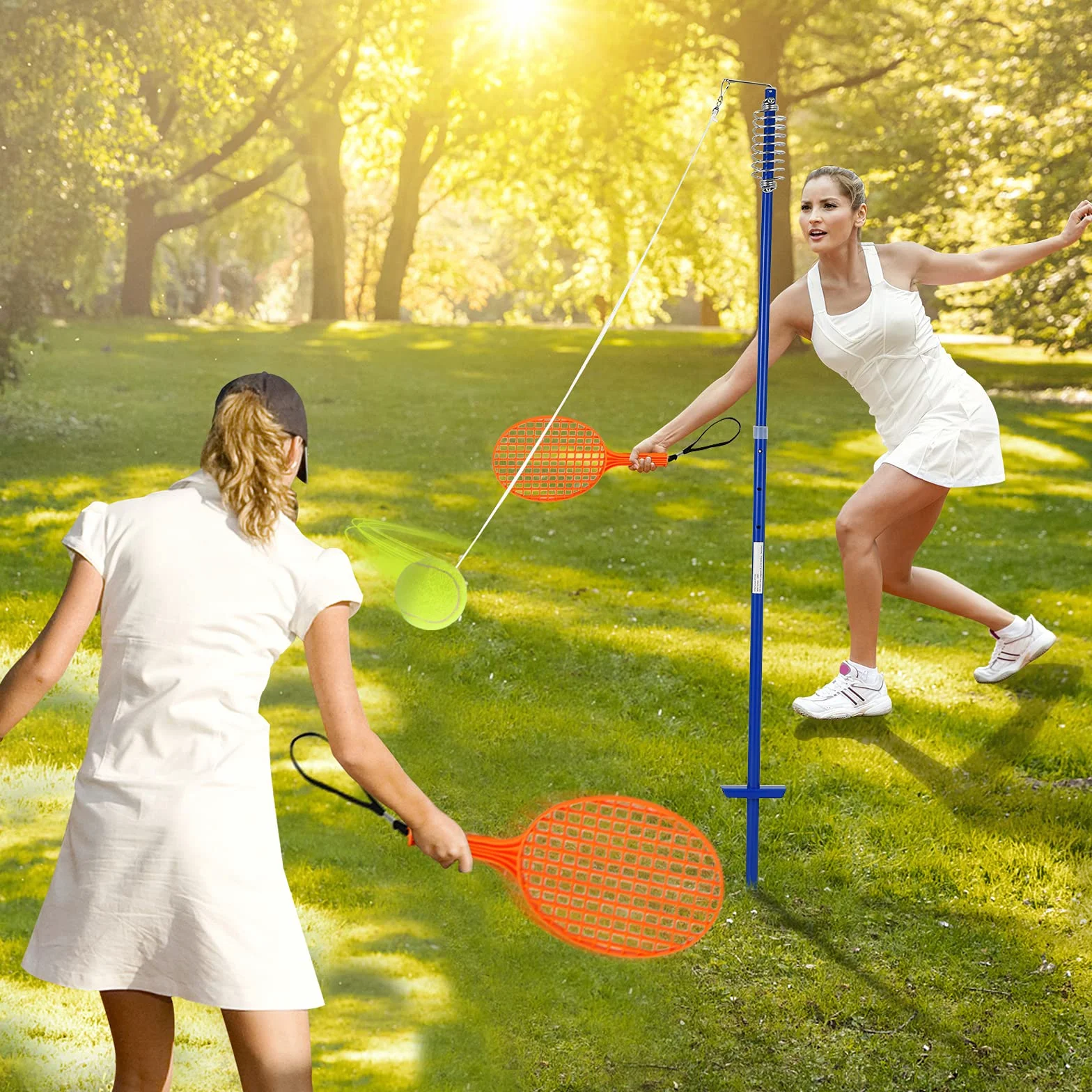 COSTWAY 3-stopniowy zestaw Tetherball z regulacją wysokości, zestaw z piłką i 2 rakietkami, 120 cm, piłka tenisowa na sznurku, gra tenisowa dla solo i zespołu