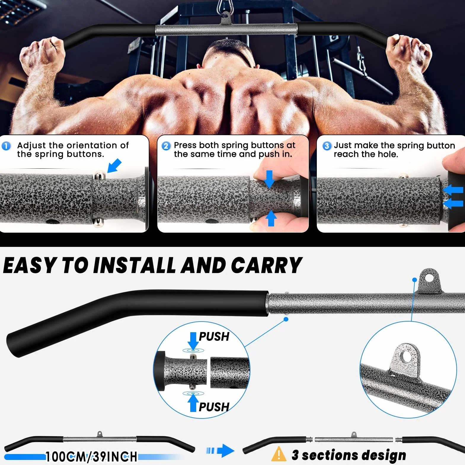 System bloczków do treningu w domu z drążkiem LAT PULL DOWN 100 cm – akcesoria fitness do uginania bicepsów i tricepsów, sprzęt na siłownię domową