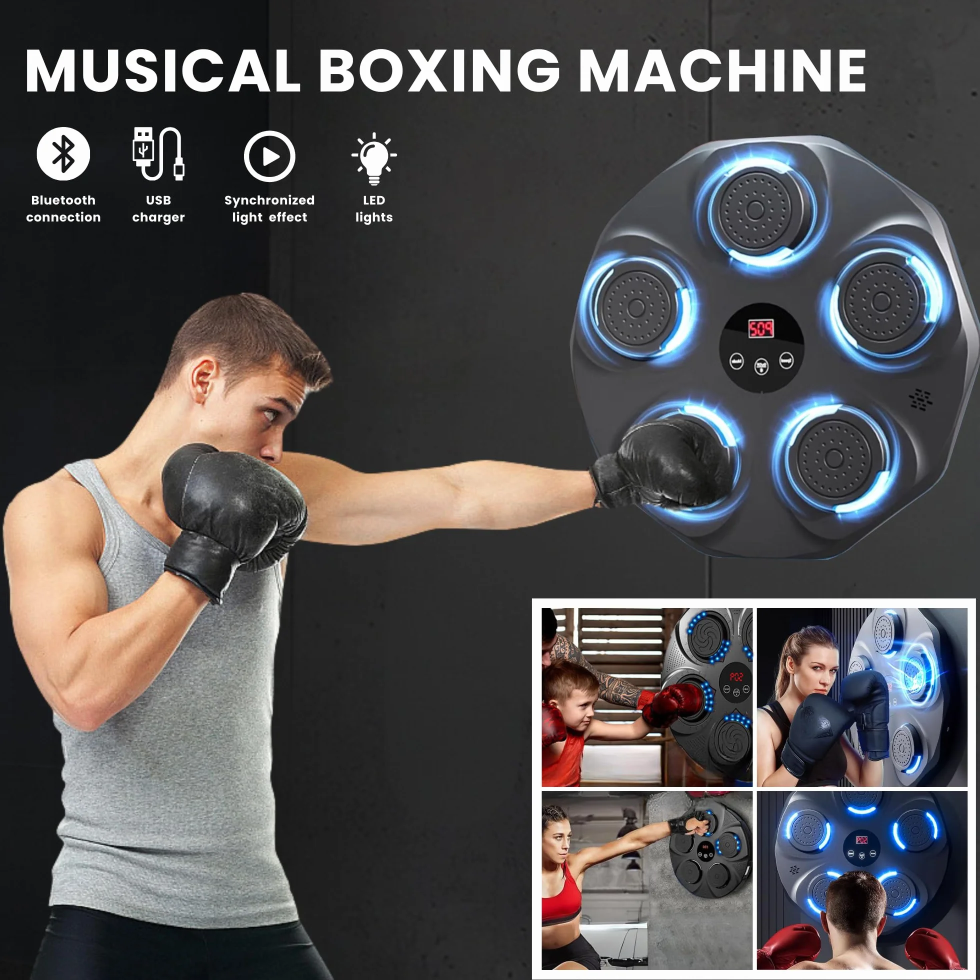 Muzyczna Maszyna Bokserska z PU, Podkładka Bokserska LED Bluetooth, Rękawice Bokserskie