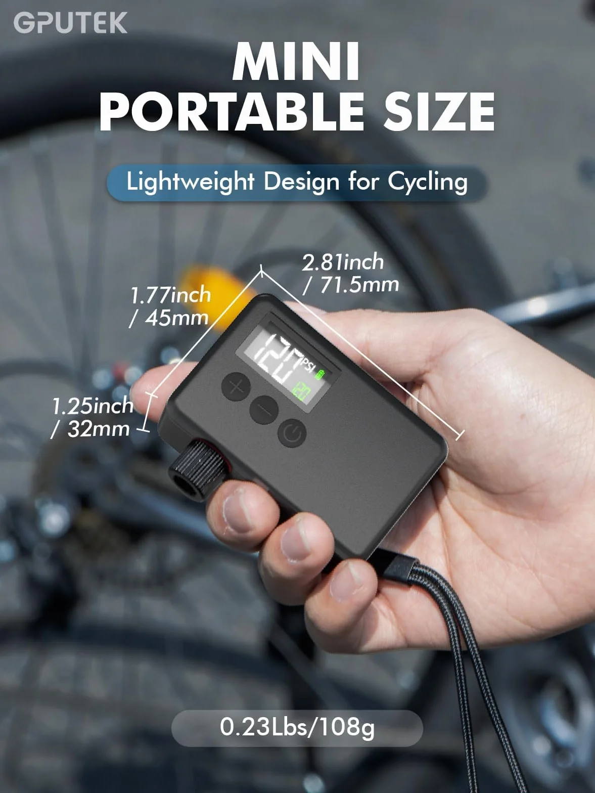 GPUTEK Elektryczna pompka rowerowa, akcesoria rowerowe, 120 psi, bezprzewodowa pompka rowerowa z manometrem, automatyczne wyłączanie i światło LED, do rowerów elektrycznych, rowerów górskich