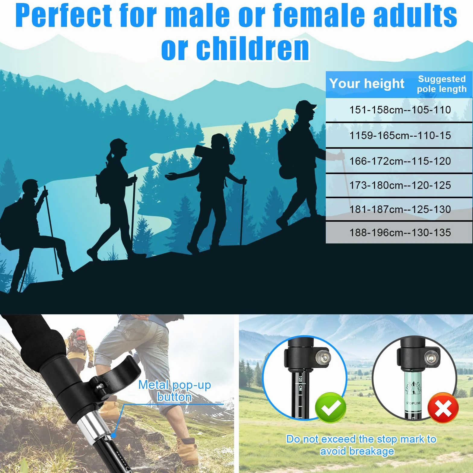 2 PCS Kijki Trekkingowe Teleskopowe 105-135cm Mężczyźni Kobiety, Ultralekkie Aluminium 7075, Kijki do Nordic Walking z Korkowym Uchwytem, Składane z Pokrowcem i Akcesoriami na Narty i Góry