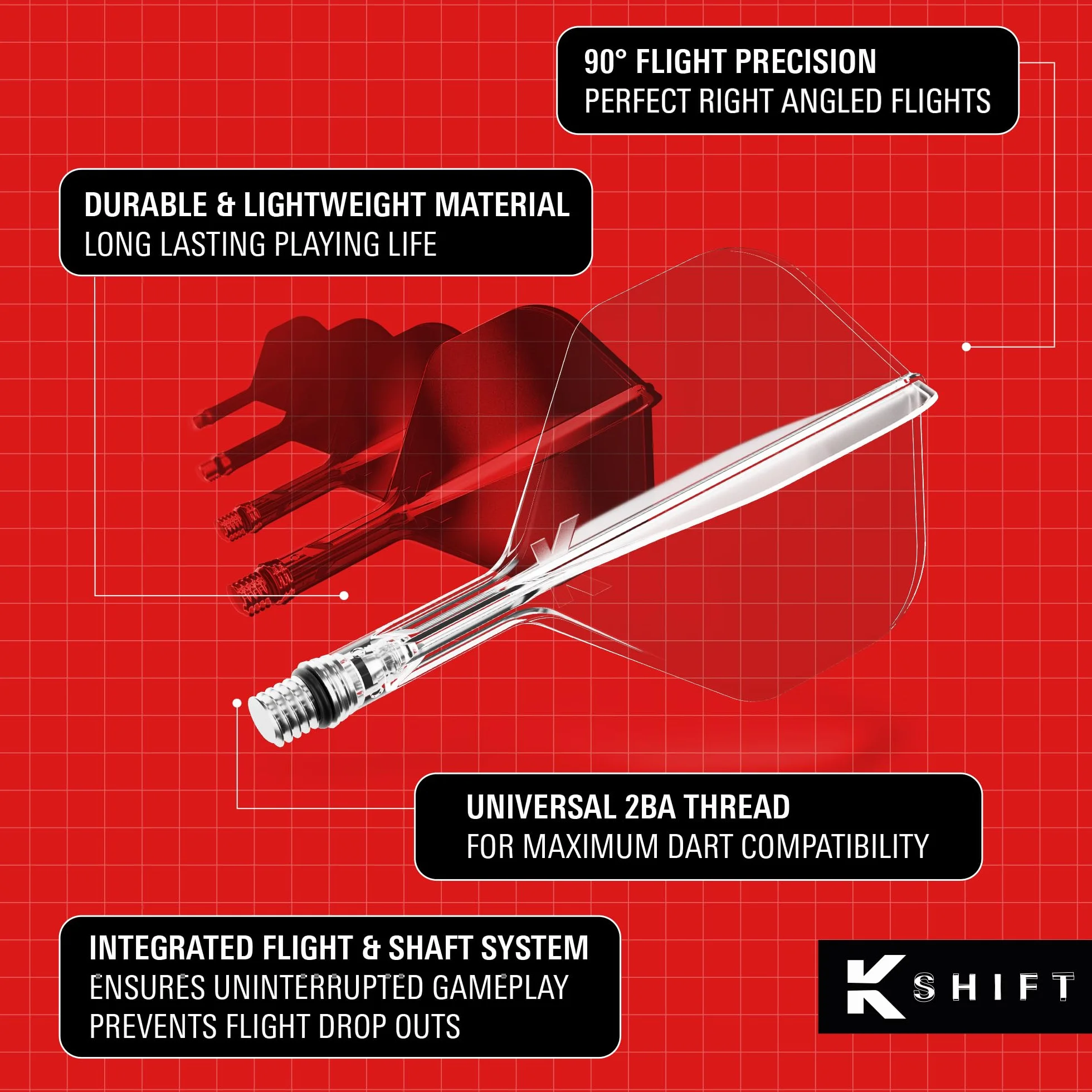 Target Darts K-Shift No.2 Integrated Flights & Shafts System, Biały/przezroczysty/czarny, K-Flex Short/Intermediate/Medium Shift Spin Base