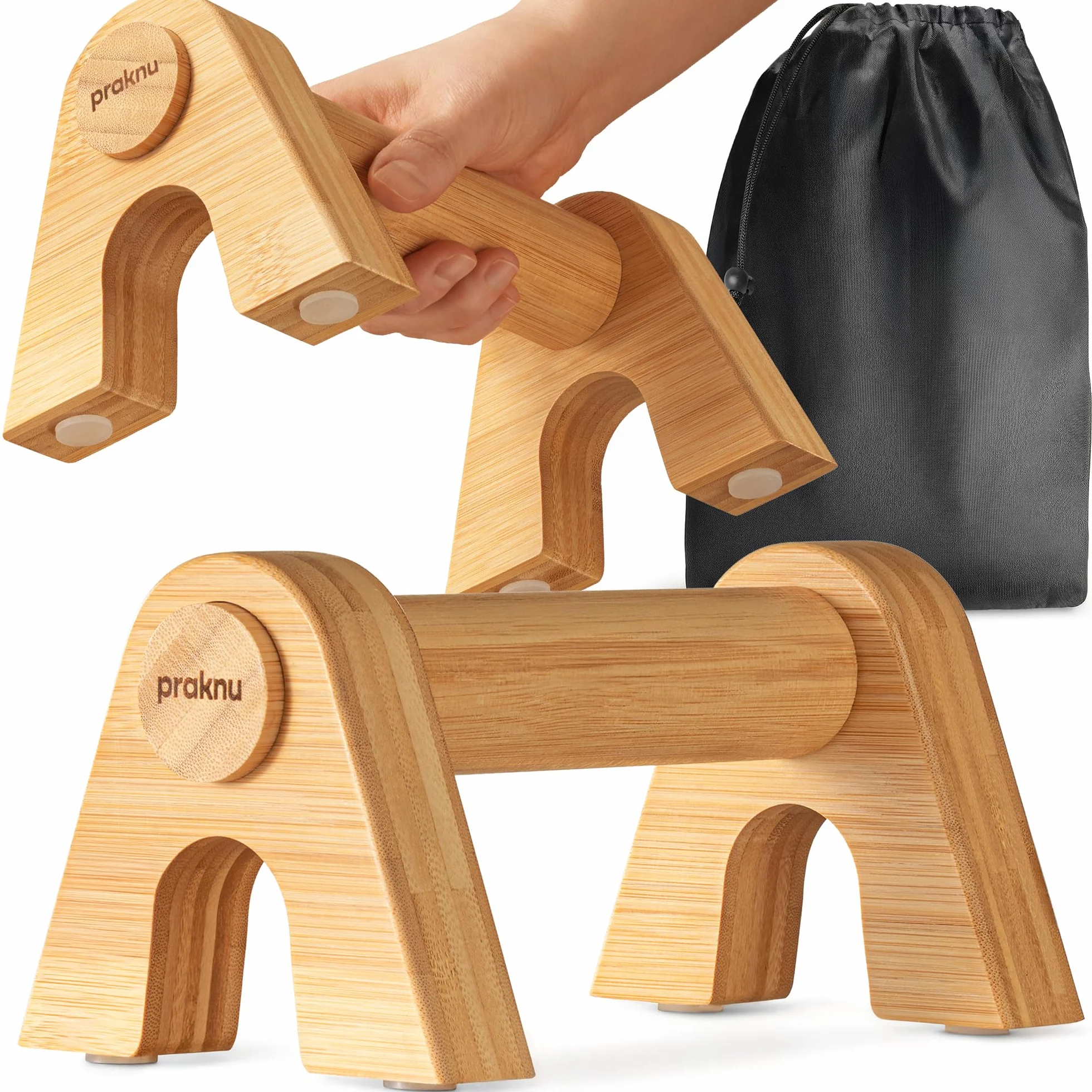 Praknu Bambusowe Uchwyty do Pomp - 2x Ergonomiczne & Antypoślizgowe Parallettes z Torbą - Uchwyty do Pomp dla Calisthenics, Handstandów i Pomp - Sprzęt Treningowy do Użytku Wewnętrznego i Zewnętrznego