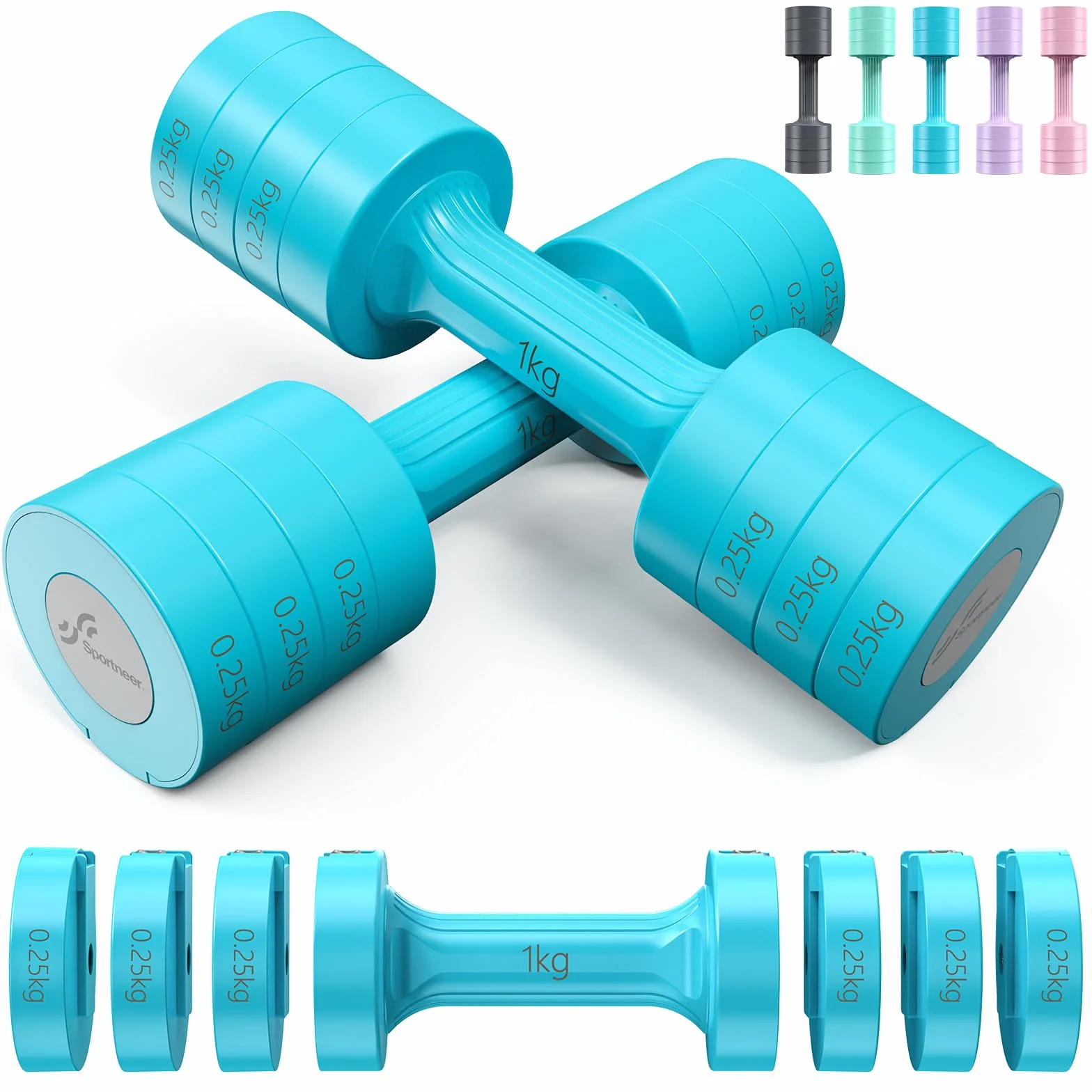 Sportneer Regulowany zestaw hantli: każdy 1 kg/1,5 kg/2 kg/2,5 kg (2 kg - 5 kg na parę), zestaw hantli 4 w 1 damski, ciężarki dla kobiet, regulowana para hantli do domowej siłowni treningu fitness