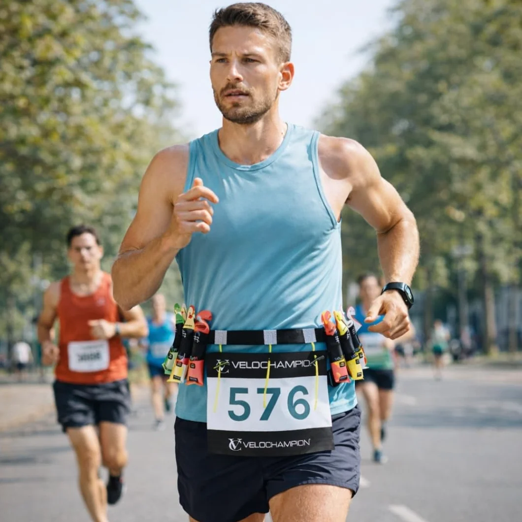 VeloChampion Pas do biegania – elastyczny elastyczny krój z zapięciem na klips do triatlonu, maratonu, jazdy na rowerze i wyścigu, Czarny, Dorosły S/M + 3 przełączniki