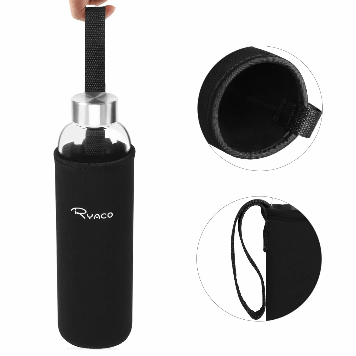 RYACO Butelka na wodę ze szkła borokrzemowego, 1000 ml, bez BPA, szczelna, do szkoły, domu, biura, podróży, sportu, jogi, siłowni, gorących/zimnych napojów, z neoprenowym rękawem i szczotką z gąbki