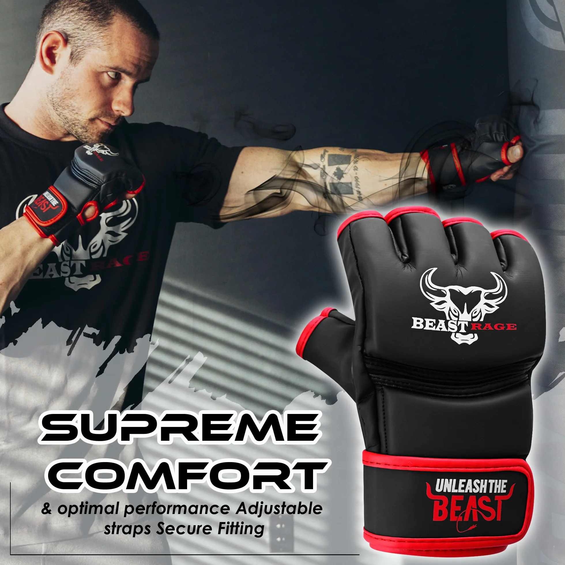 BEASTRAGE Rękawice MMA dla mężczyzn i kobiet, rękawice do sztuk walki, sparing, wentylowana dłoń, wegańska skóra, walka w klatce, muay thai, kickboxing, worek bokserski, kickboxing