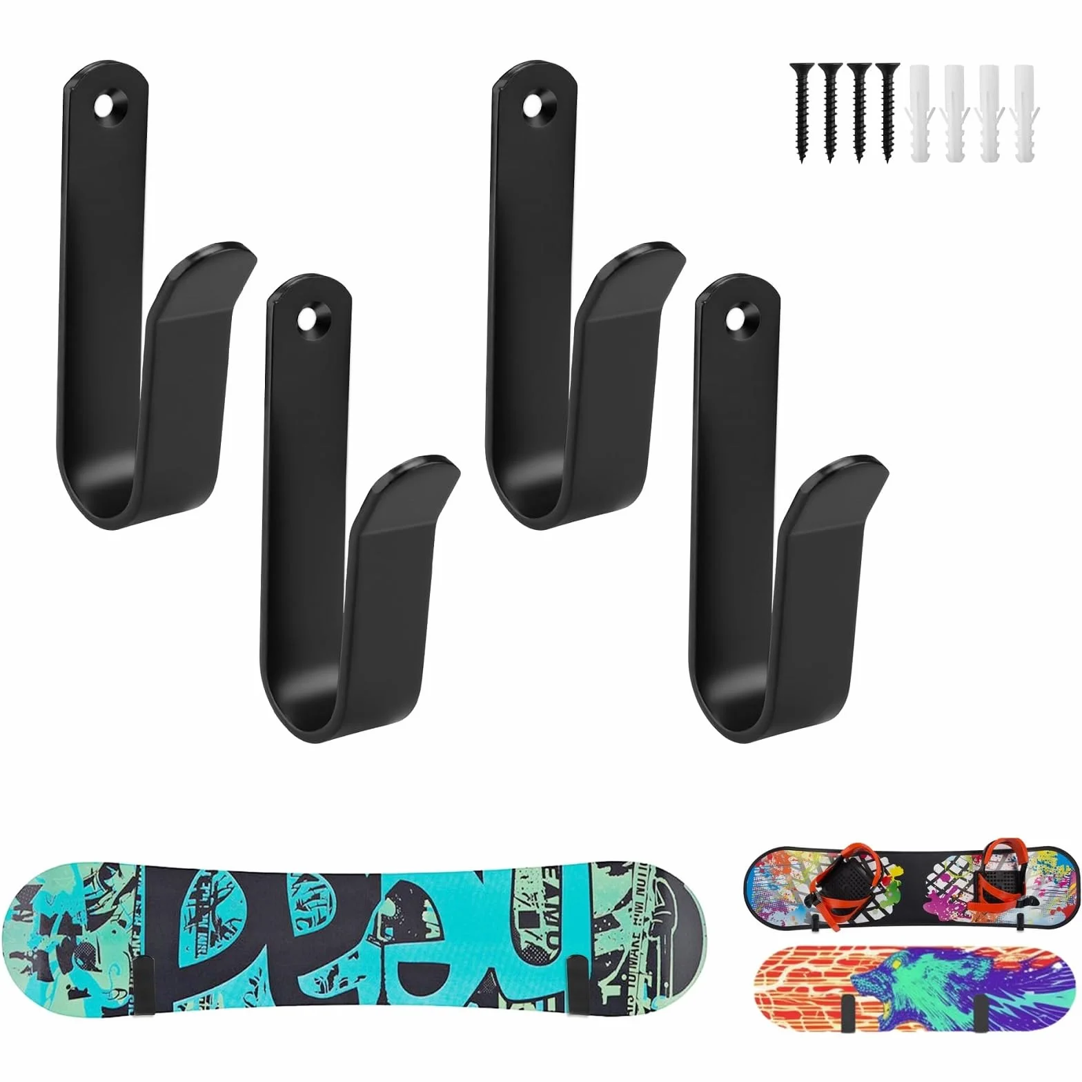 4 sztuki uchwytów ściennych do snowboardu, czarny, uchwyt na deskę snowboardową 10 cm, uchwyt ścienny na deskorolkę ze śrubami i rurą rozprężną, do snowboardu, longboardu, deskorolki, HXBGG16