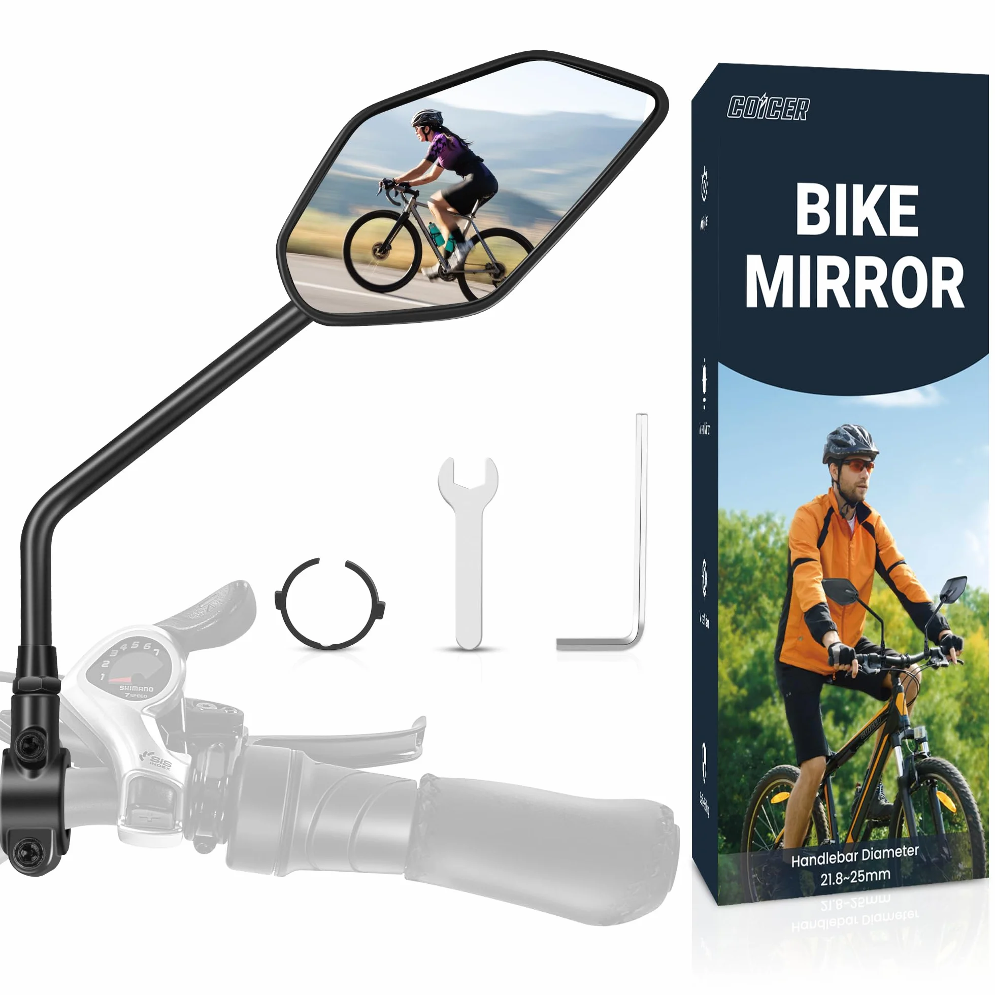 COICER Lusterko rowerowe do e-roweru po prawej stronie, HD 360° obrotowe i składane, lusterko na kierownicę, lusterko rowerowe, akcesoria do e-roweru, dodatkowo duża powierzchnia lustra, odporne na