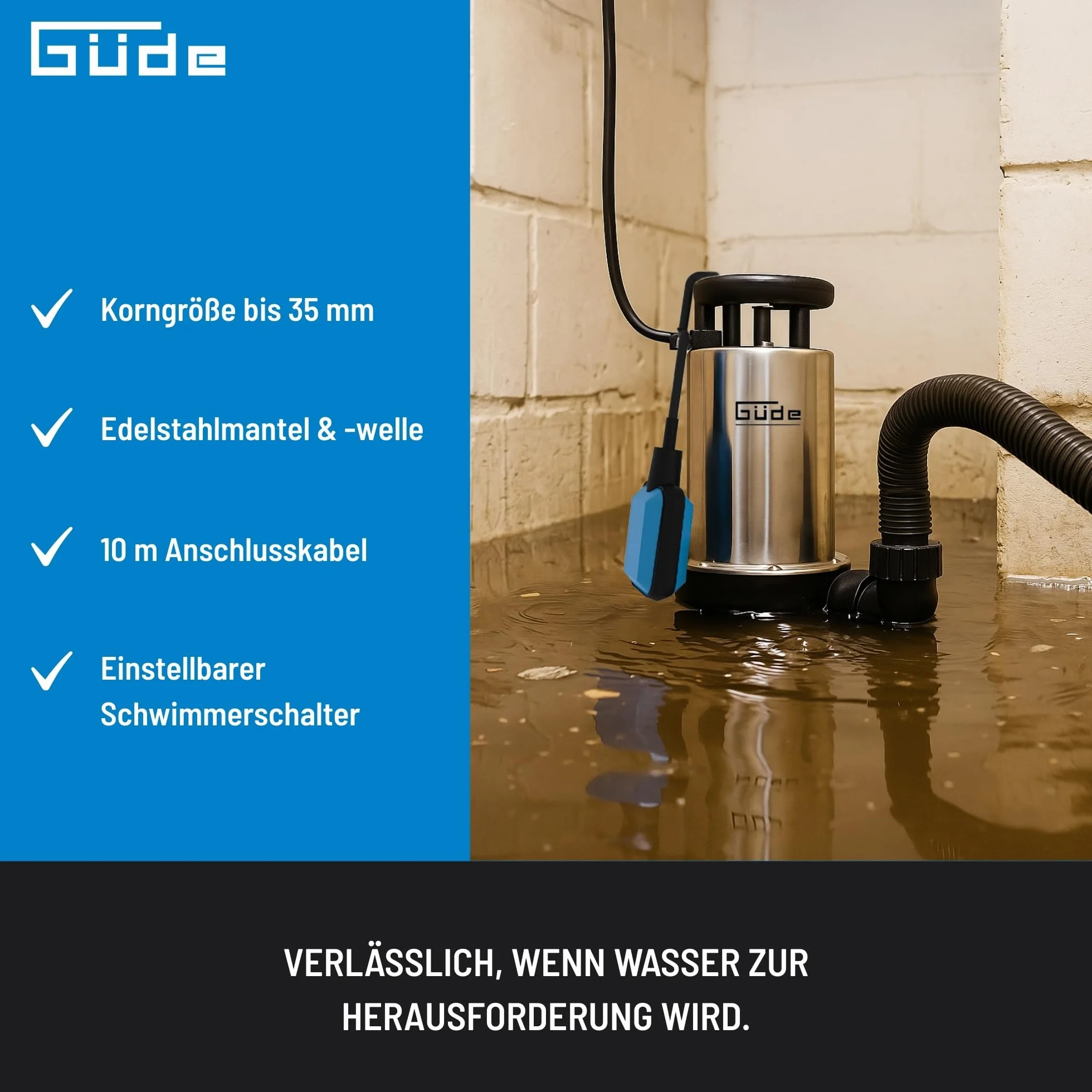 Güde Pompa zanurzeniowa do brudnej wody GS 1103 PI 1100 W 20000 l/h 8 m 7 m wirnik z norylu stal