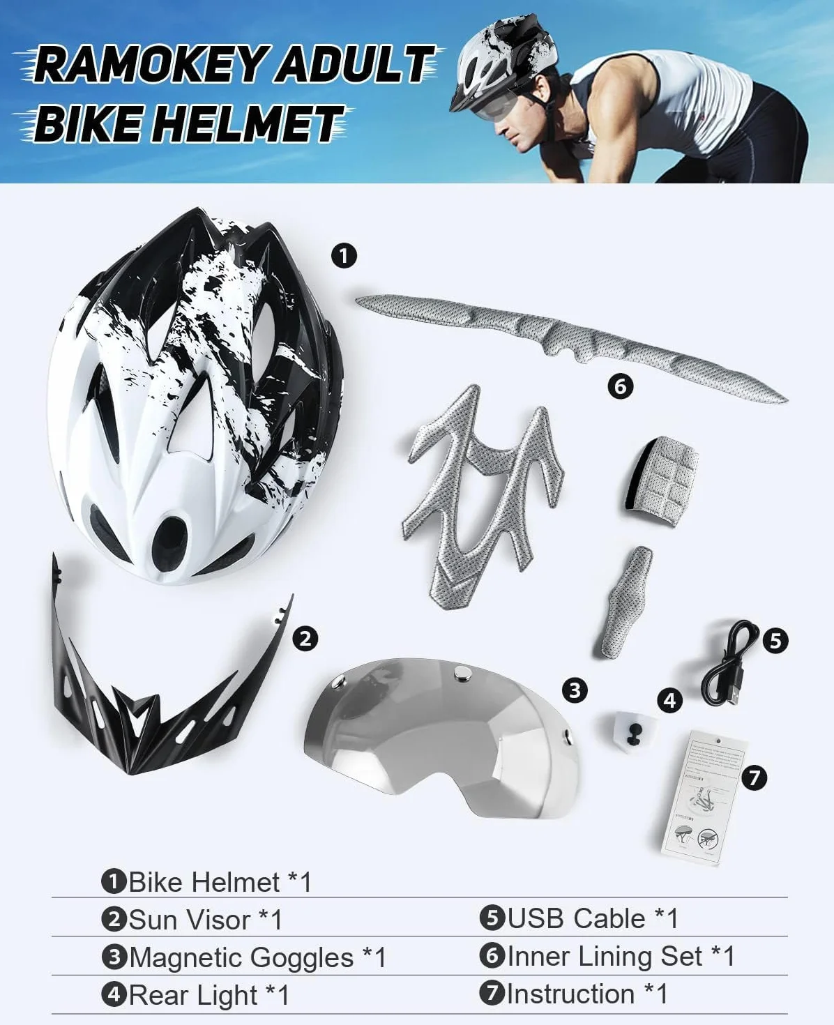Kask rowerowy dla mężczyzn i kobiet, lekki kask rowerowy ze światłem LED, magnetyczna osłona przeciwsłoneczna, rower górski i szosowy, dla dorosłych, regulowany rozmiar 57-62 cm