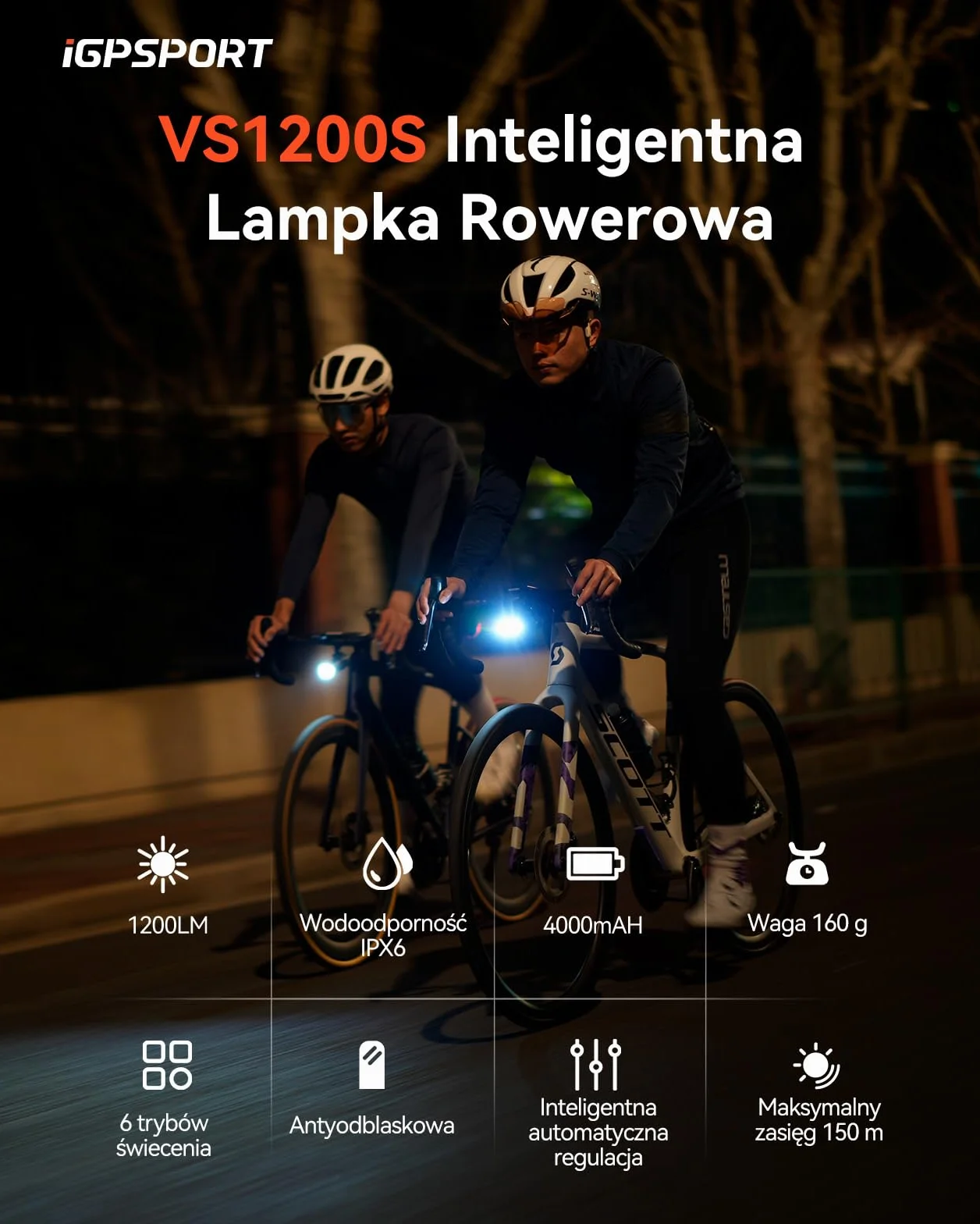 iGPSPORT VS1200S Ładowalna Lampka Rowerowa 1200 LM, Konstrukcja Antymgłowa, Wskaźnik Baterii, Ładowanie USB