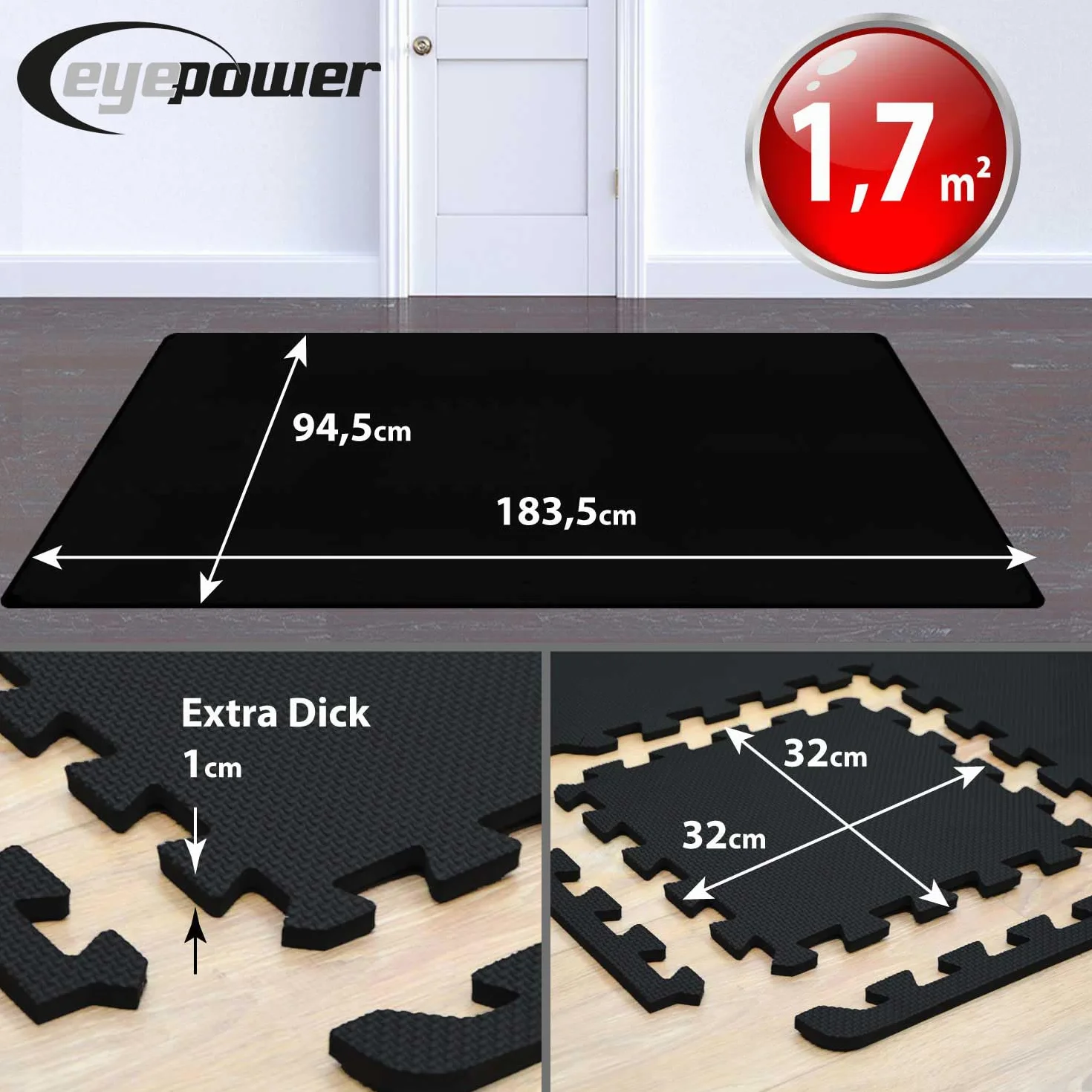 eyepower 1,7 m² mata ochronna na pod?og? Fitness 18 p?yt pod?ogowych 30 x 30 Homegym mata do fitnessu mata pod?ogowa do si?owni, sprz?t fitness, mata izolacyjna do bie?ni, roweru, urz?dzenia