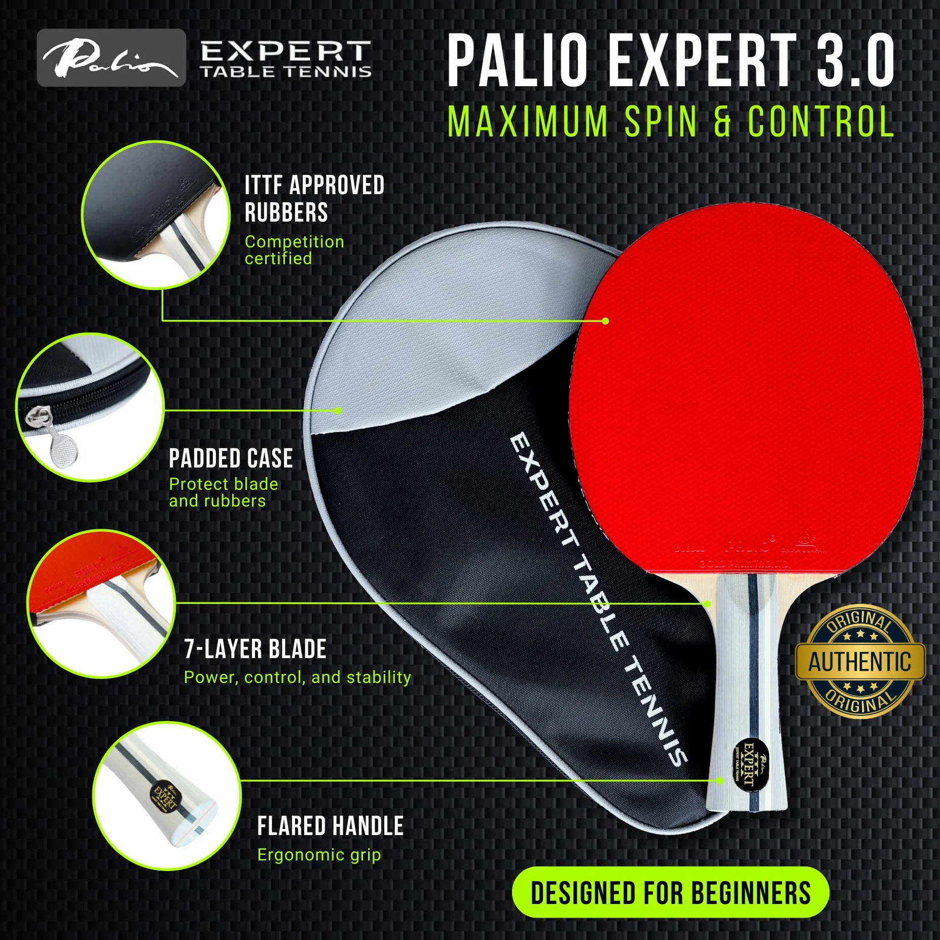 Palio Expert 3.0 kij do tenisa stołowego i etui | Zatwierdzone przez ITTF wysokowydajne rakiety do pingponga dla początkujących | Maksymalny obrót i kontrola