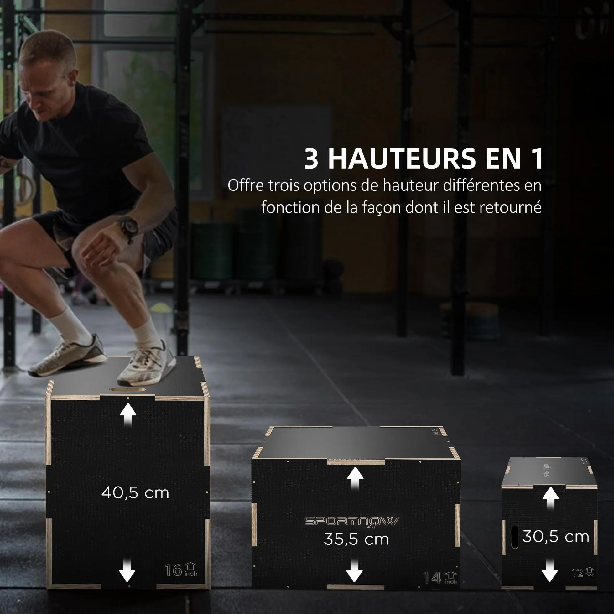 SPORTNOW Box Jump Plyobox skakanka 3 w 1, antypoślizgowa kulturystyka, fitness i trening crossowy, do drewnianego pudełka treningowego, wysokość czarna