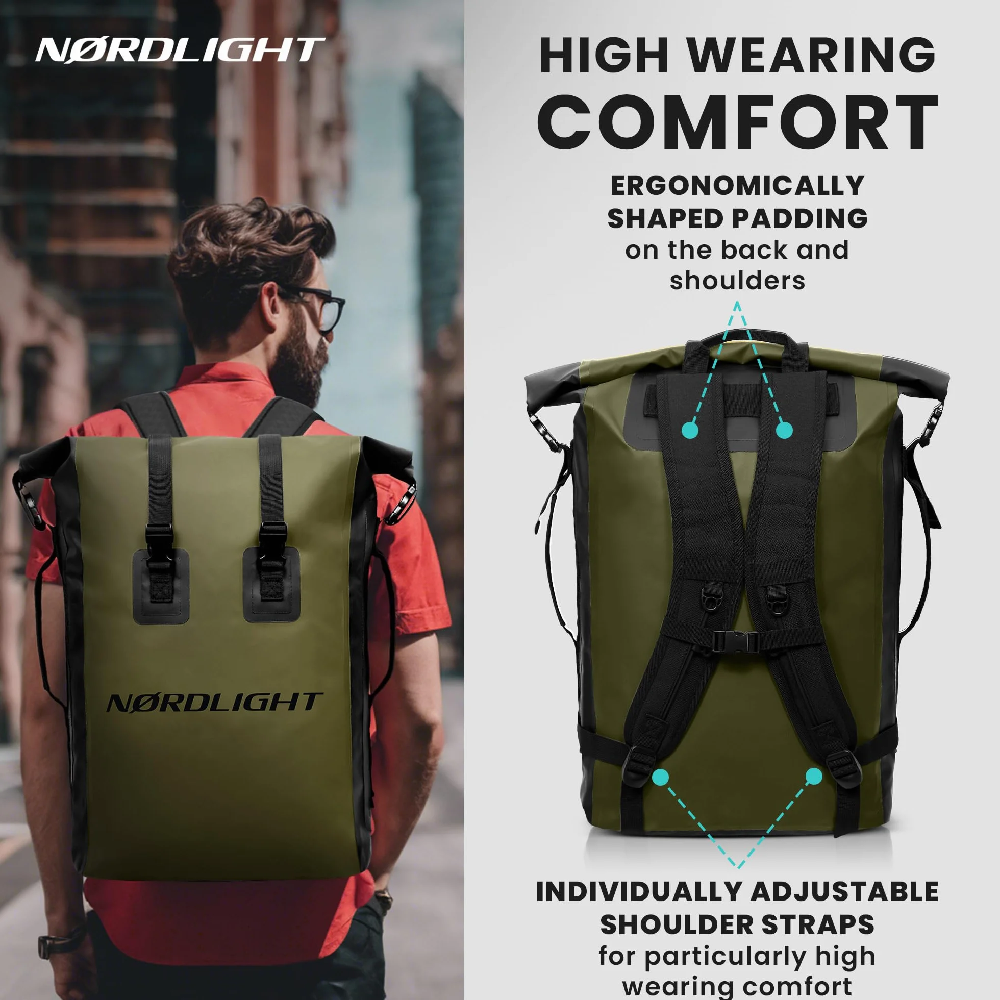 Nordlight Wodoodporny plecak Dry Bag 35L - (Oliwkowa Zieleń) Plecak zwijany z wyściełanym paskiem, wodoodporna torba do sportów wodnych, plecak rowerowy, plecak kurierski, trekking, wędkarstwo