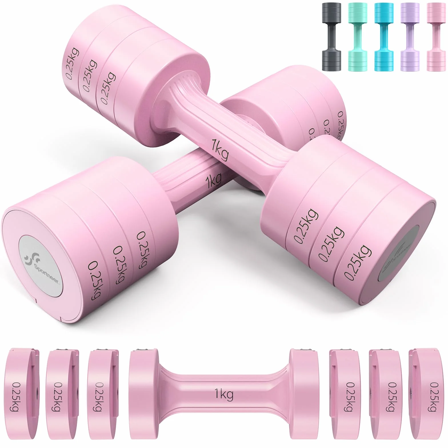Sportneer Zestaw hantli regulowanych: każda 1kg/1,5kg/2kg/2,5kg (2kg-5kg na parę), zestaw hantli 4w1 dla kobiet, ciężary dla kobiet, regulowana para hantli do domowego treningu fitness (różowy)