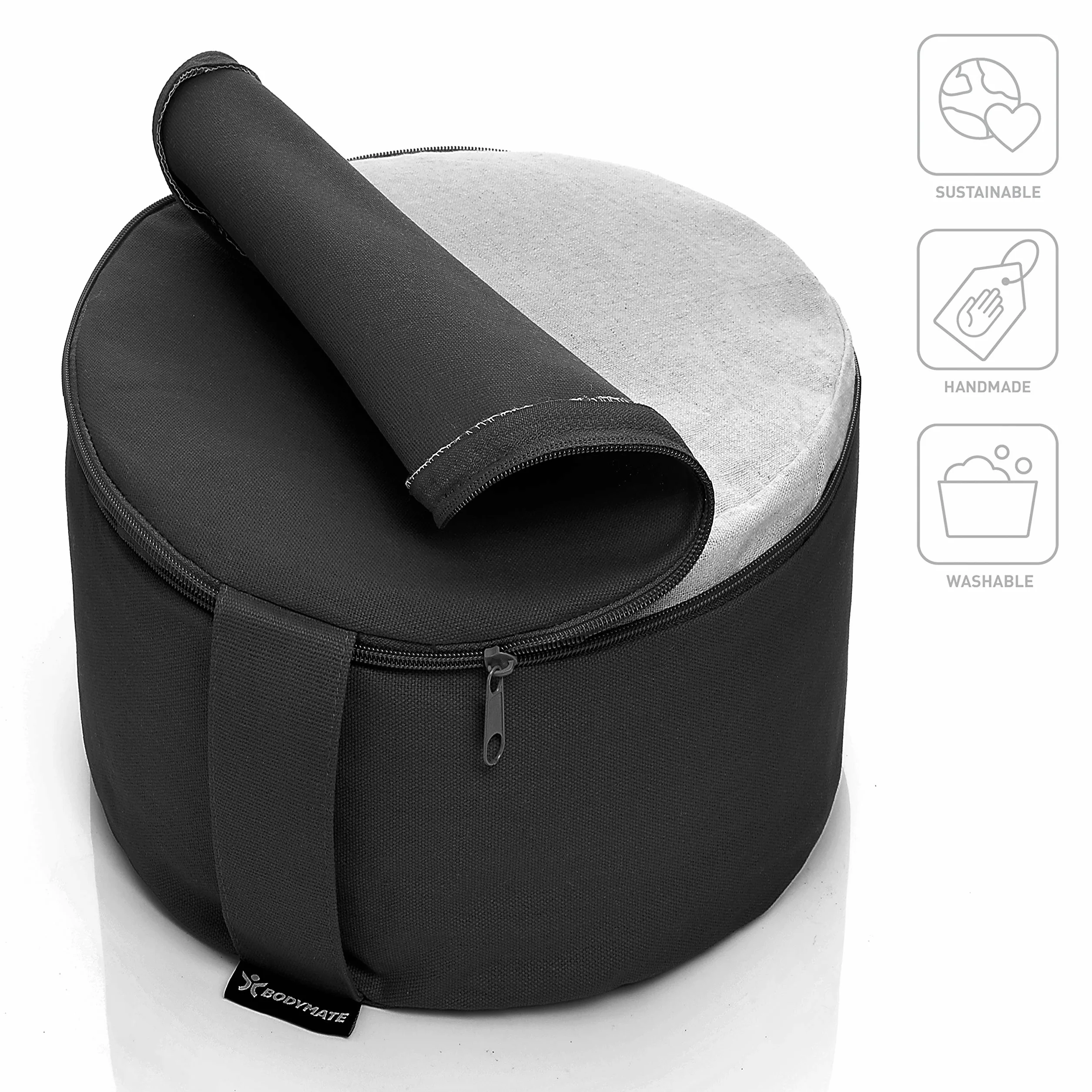 BODYMATE poduszka do jogi ekstra wysoka okrągła 31 cm wys. 20 cm wypełnienie z ziaren gryki poszewka z bawełny do medytacji