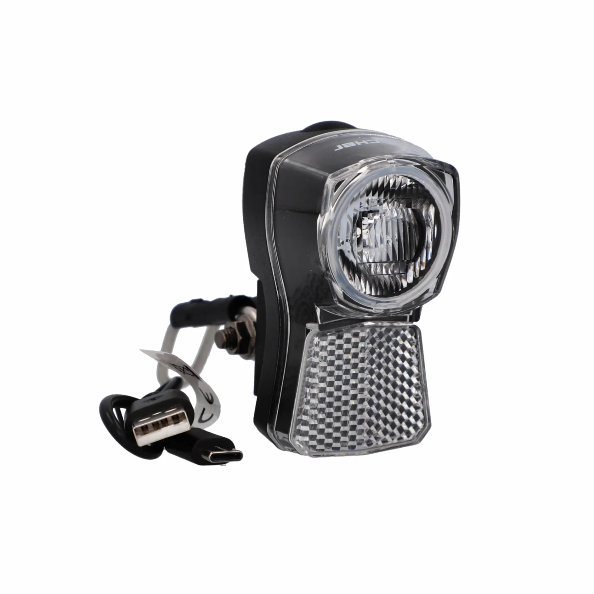FISCHER Przednie światło rowerowe LED 45/20 lux, z akumulatorem i funkcją ładowania USB, wygląd dynamo, ochrona przed wodą rozbryzgową zgodnie z IP44, dopuszczone do ruchu drogowego